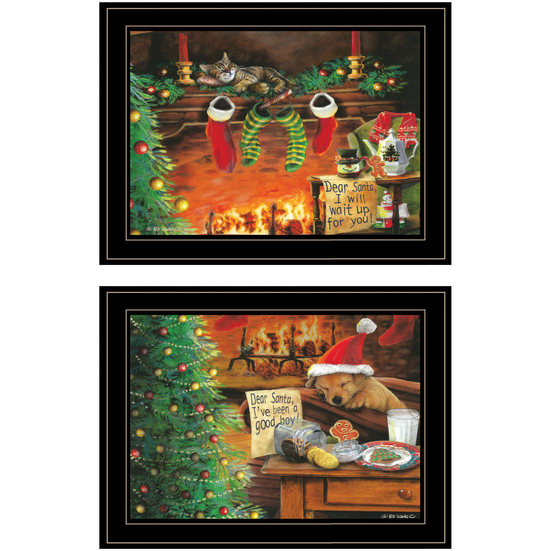 Set Of Two Christmas Cat And Dog Black Framed Print Wall Art
