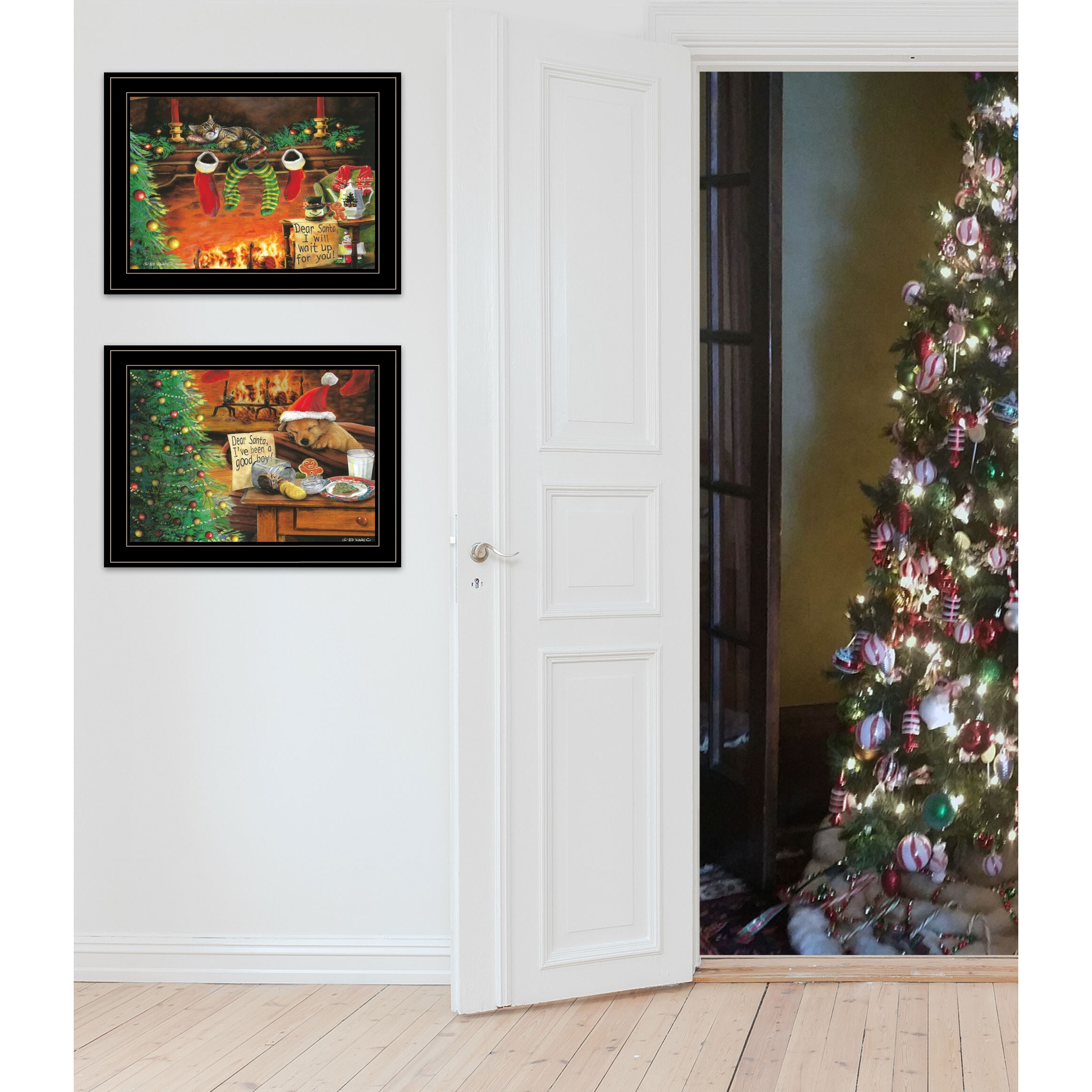 Set Of Two Christmas Cat And Dog Black Framed Print Wall Art