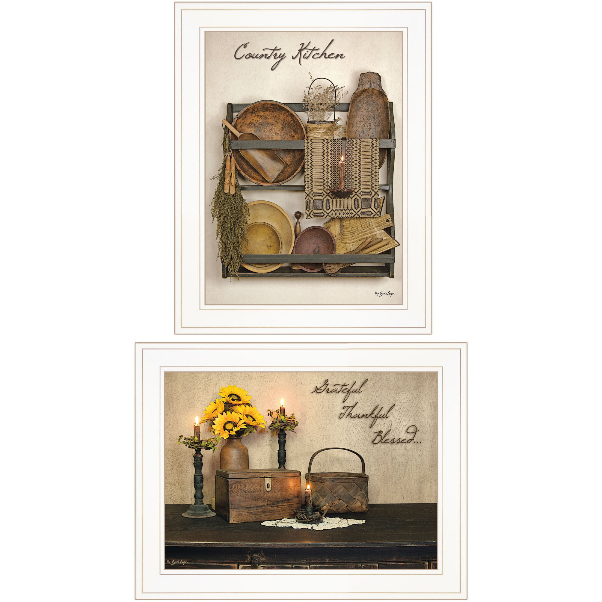 Set Of Two Grateful And Blessed White Framed Print Kitchen Wall Art