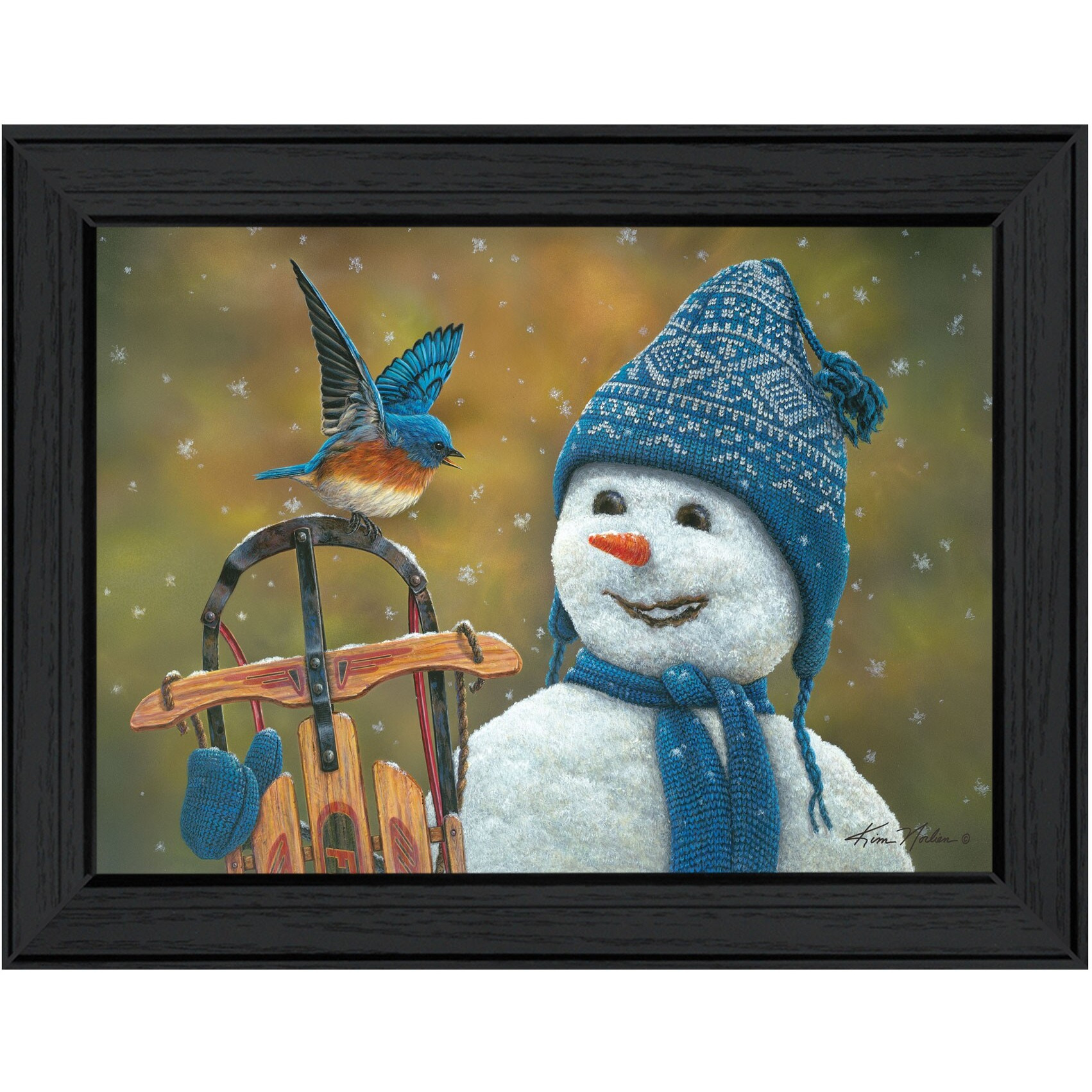 Bluebird Snowman Black Framed Print Wall Art