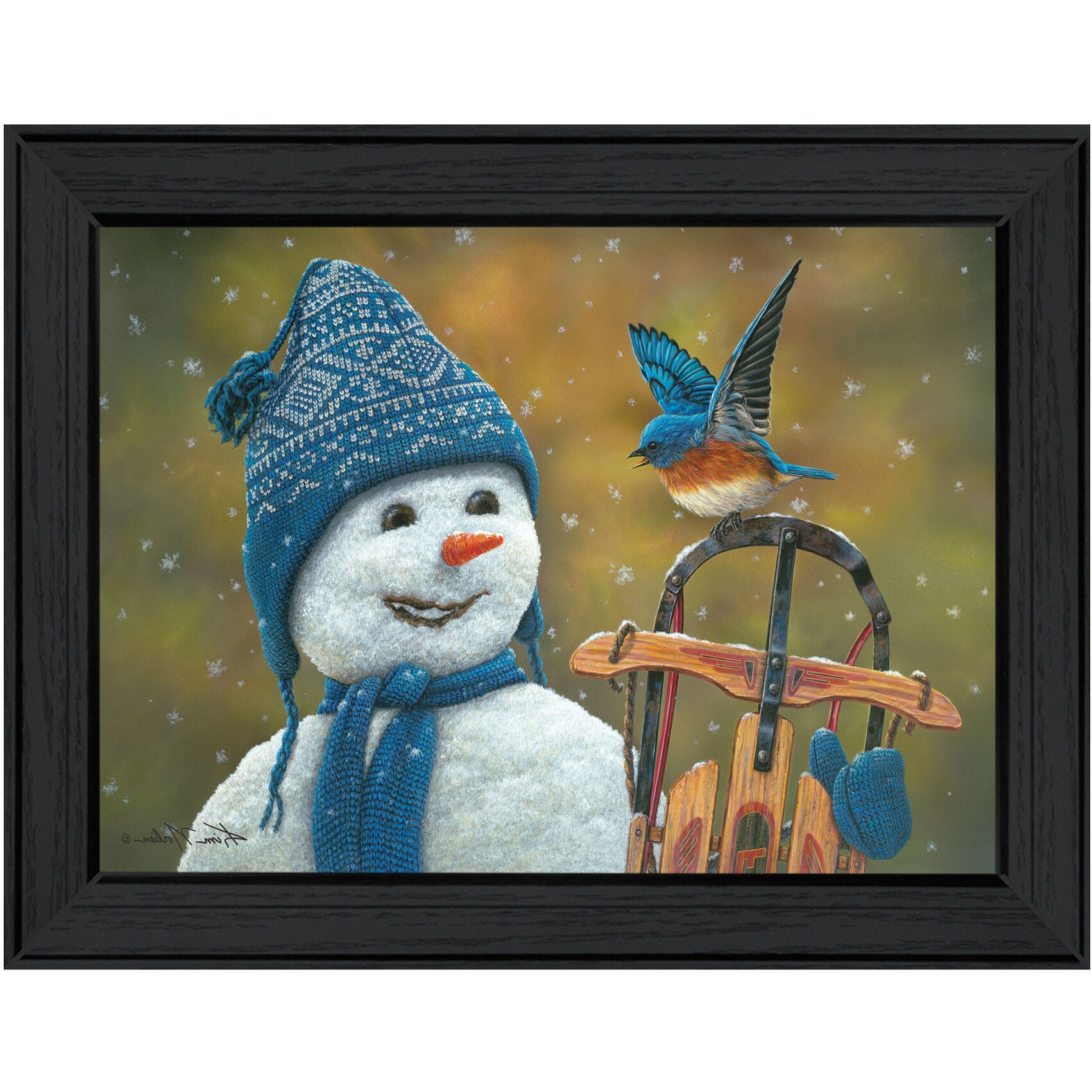 Bluebird Snowman Black Framed Print Wall Art