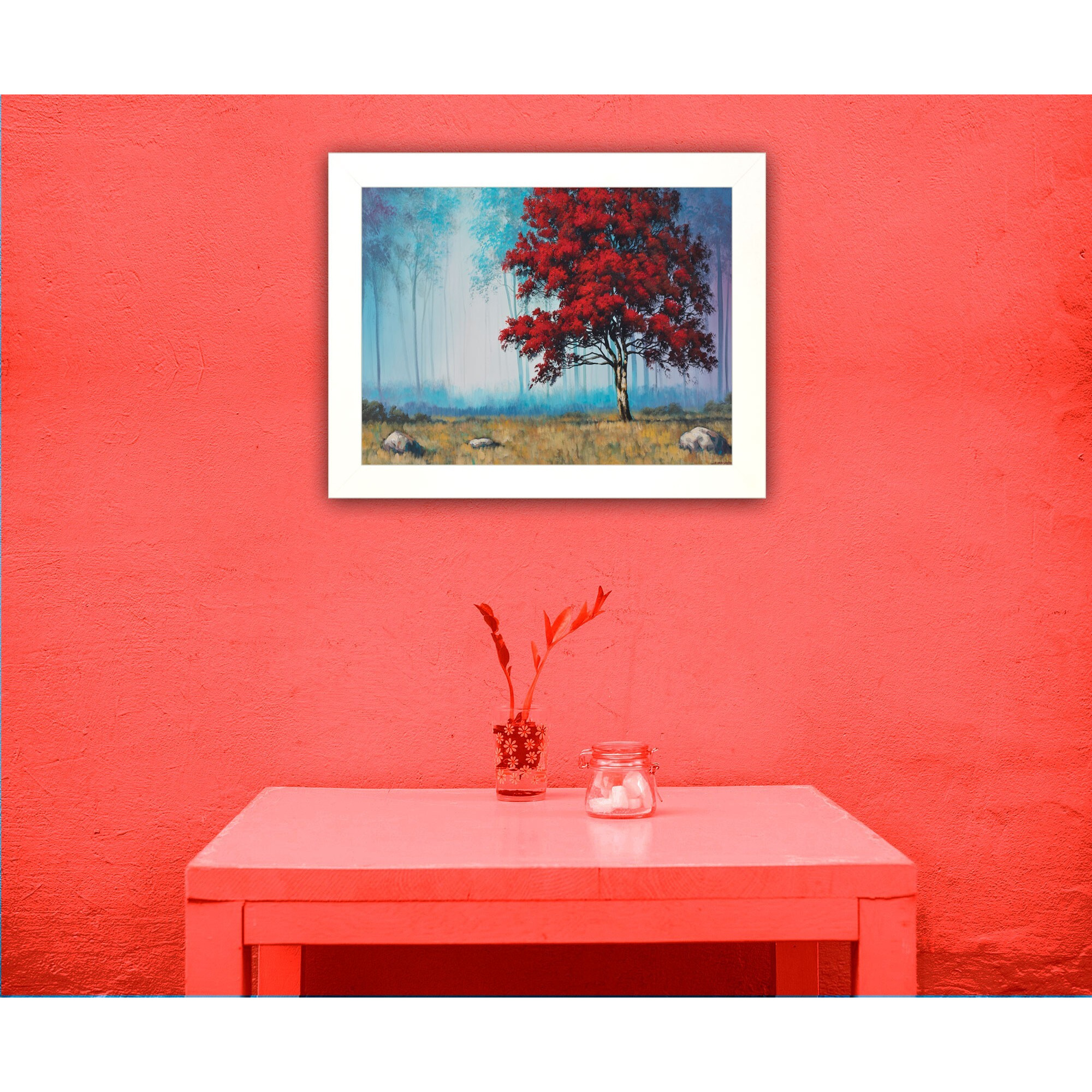 Red Tree 3 White Framed Print Wall Art