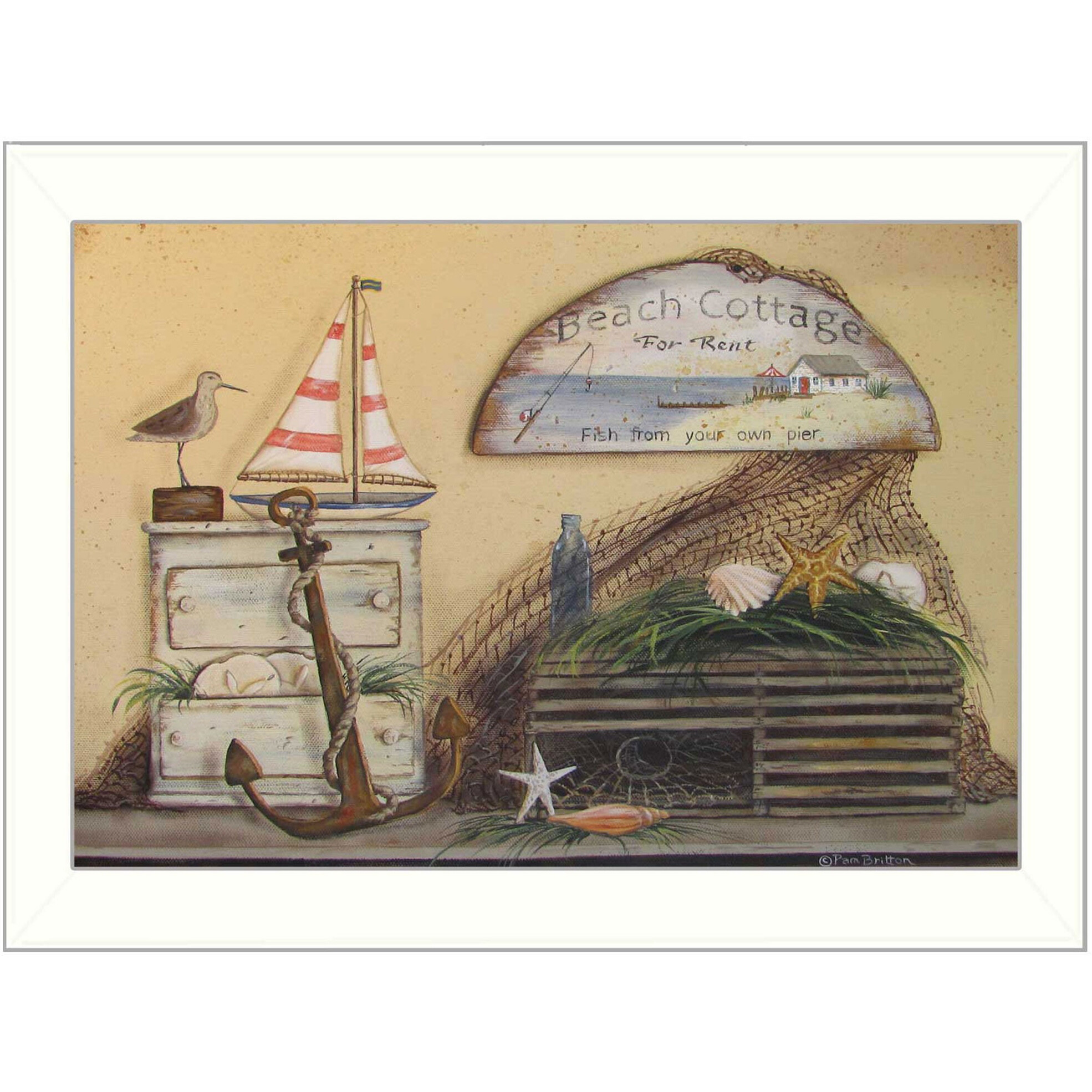 Beach Cottage White Framed Print Wall Art