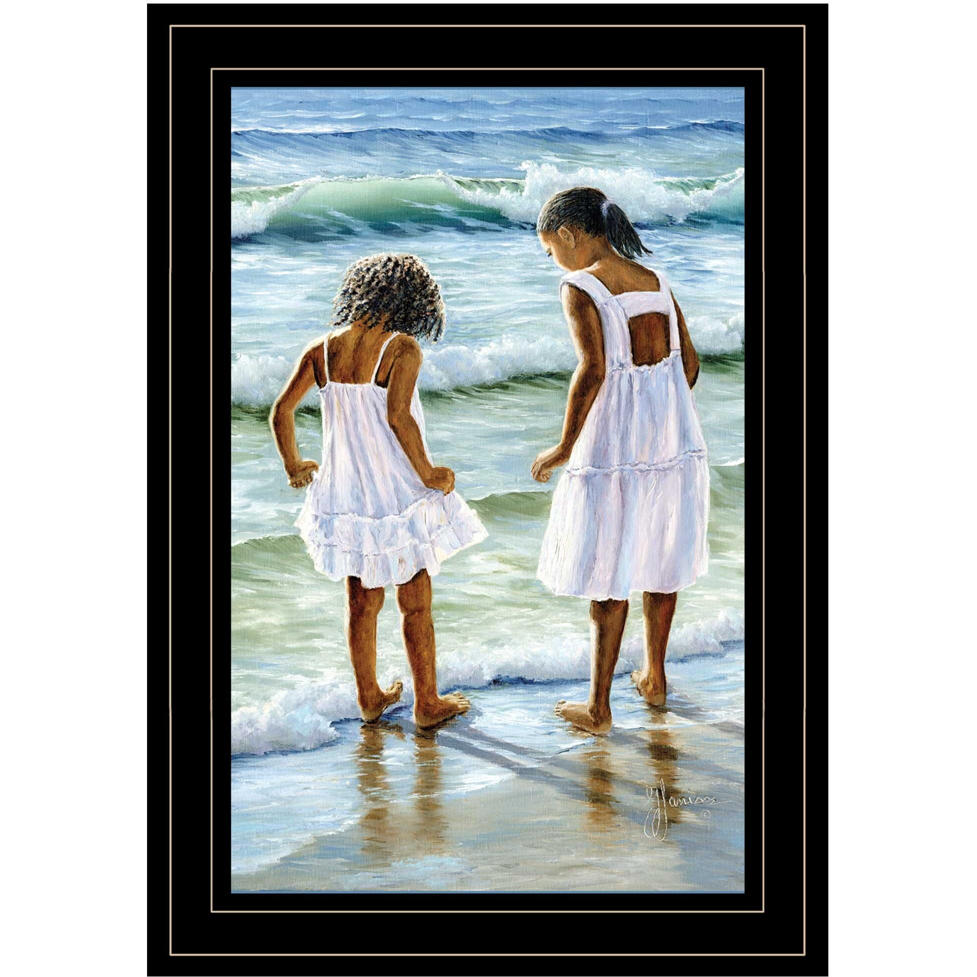 Two Girls At The Beach 4 Black Framed Print Wall Art