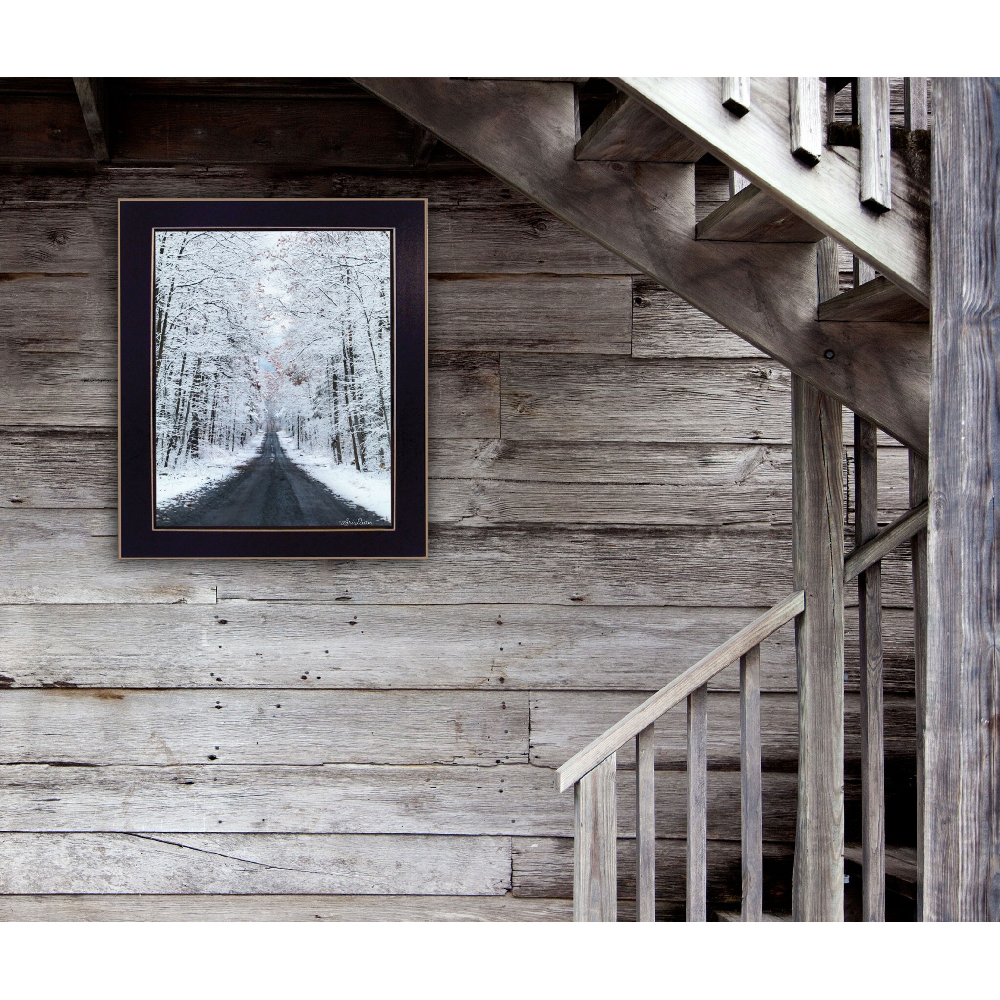 All Roads Lead Home Snowy Winter Lane Black Framed Print Wall Art