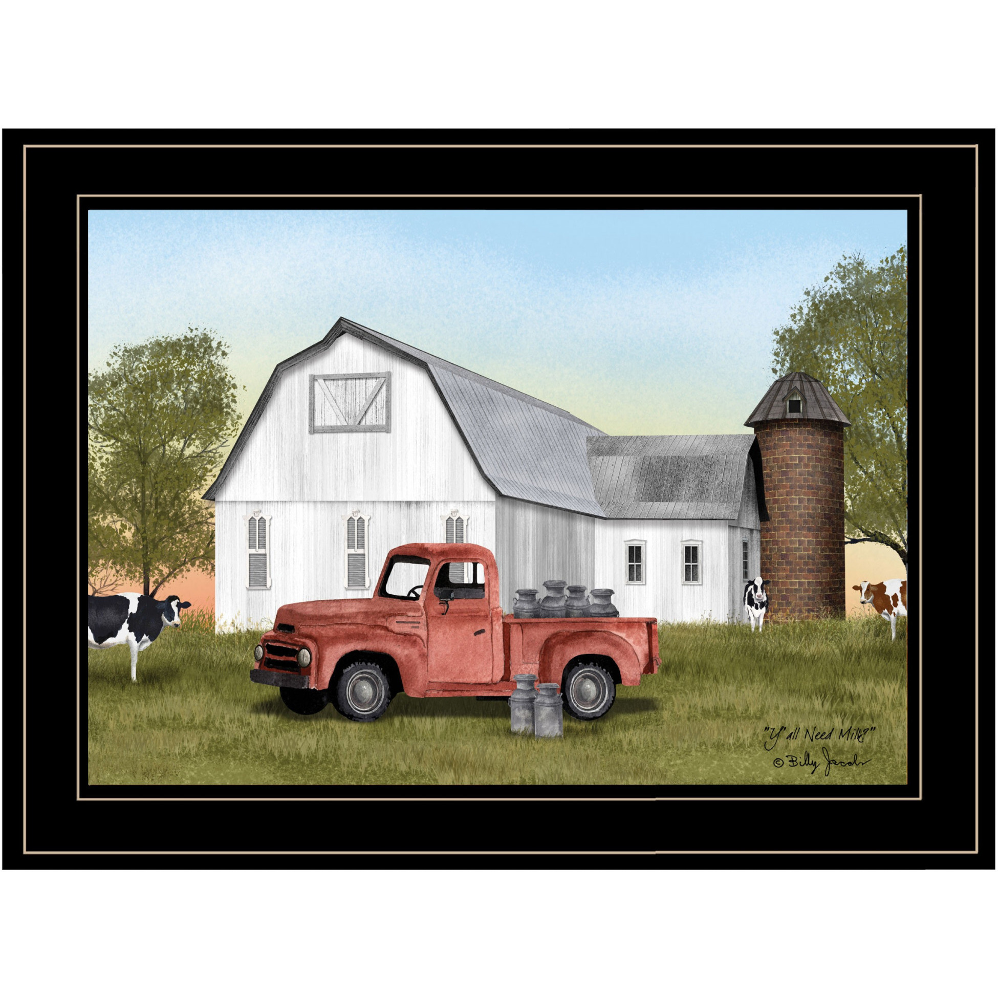 Red Milk Truck On The Farm Black Framed Print Wall Art