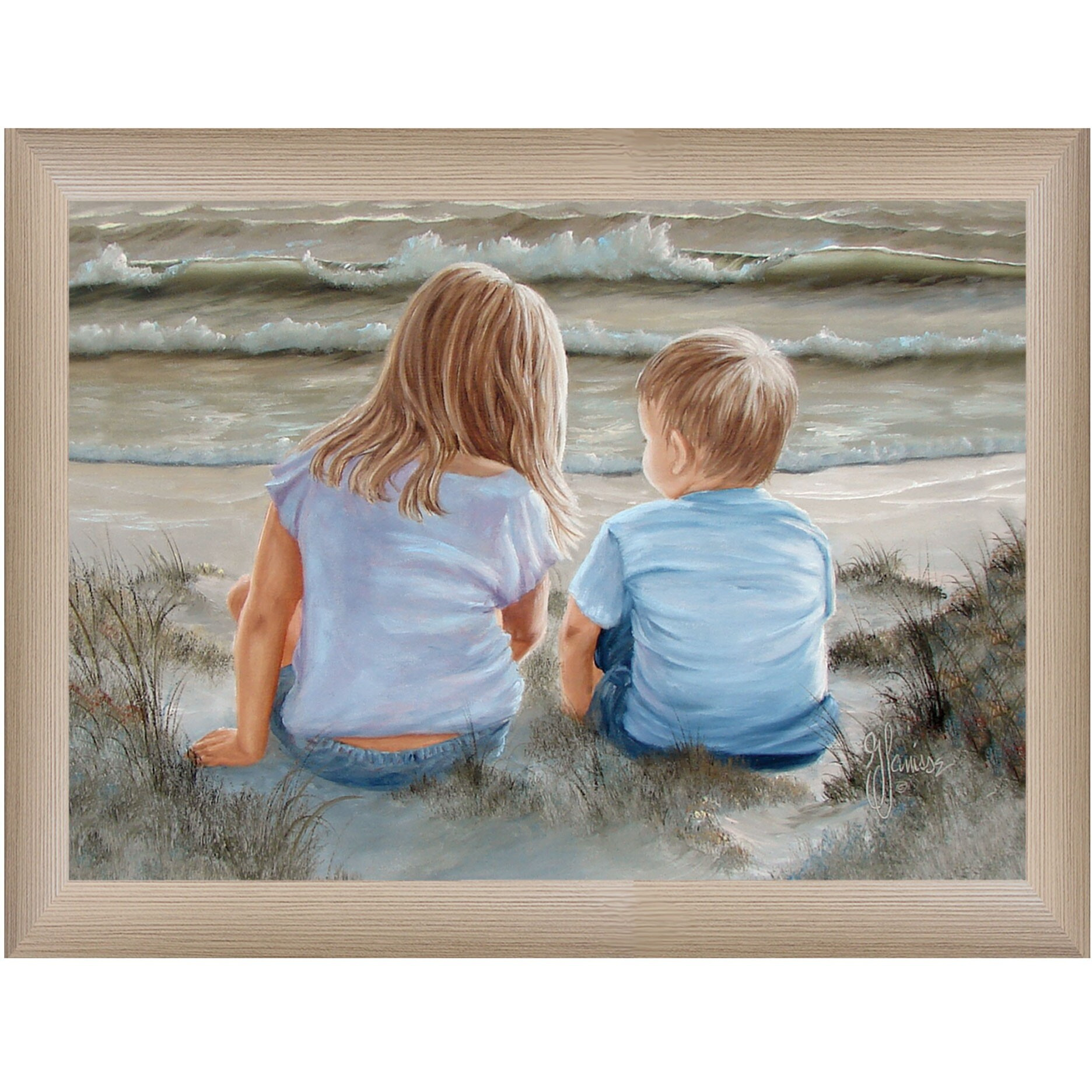 Boy And Girl Sitting In Dunes Brown Framed Print Wall Art