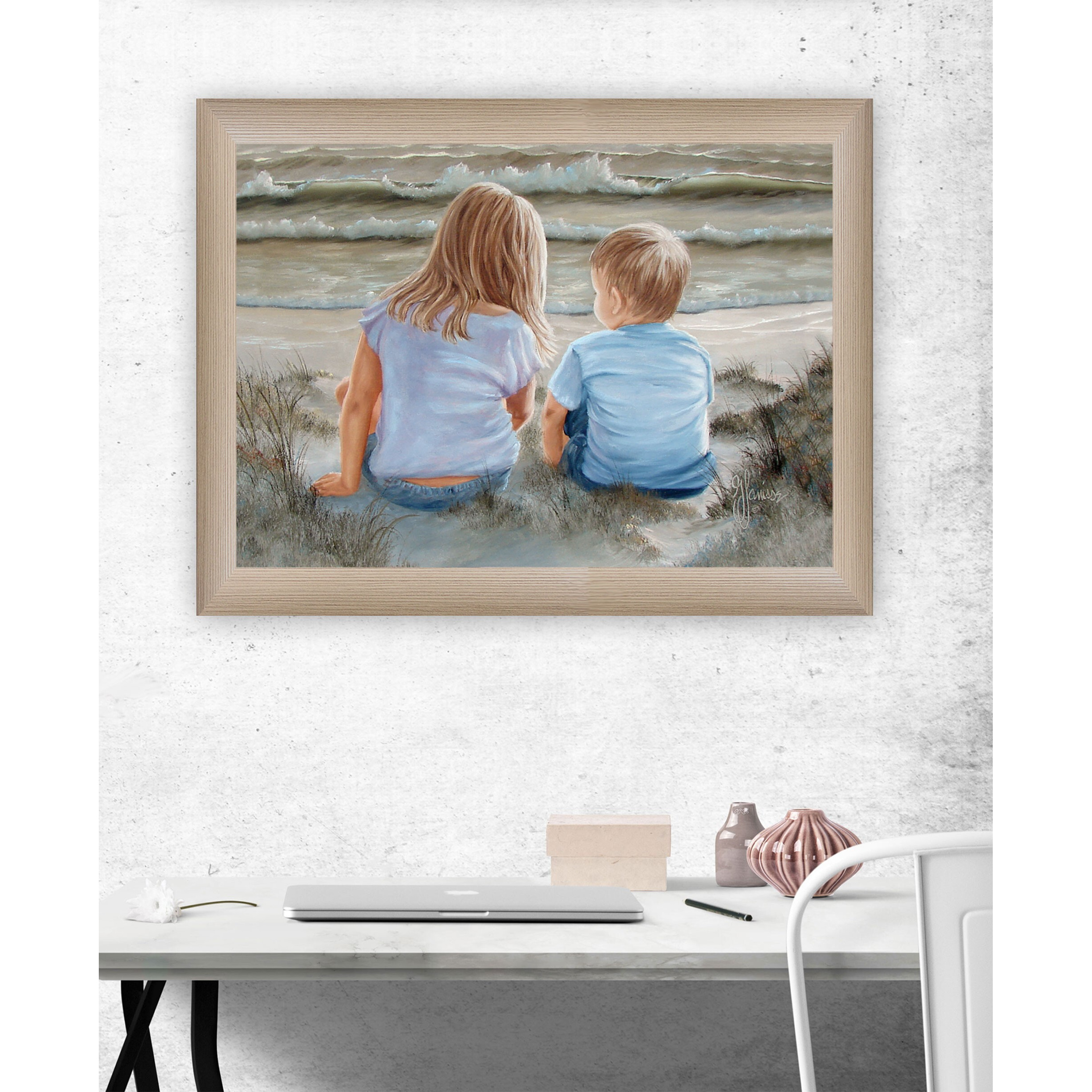 Boy And Girl Sitting In Dunes Brown Framed Print Wall Art
