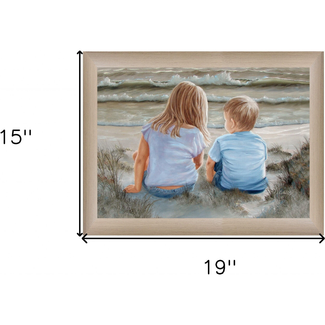Boy And Girl Sitting In Dunes Brown Framed Print Wall Art