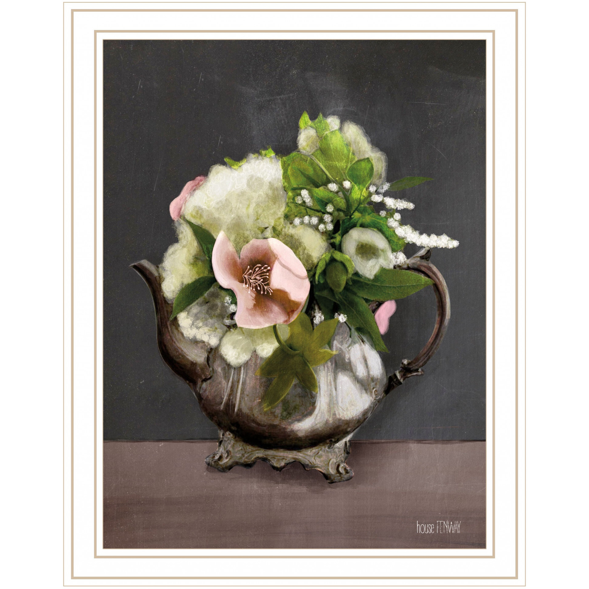 Vintage Floral Tea Pot 3 White Framed Print Wall Art