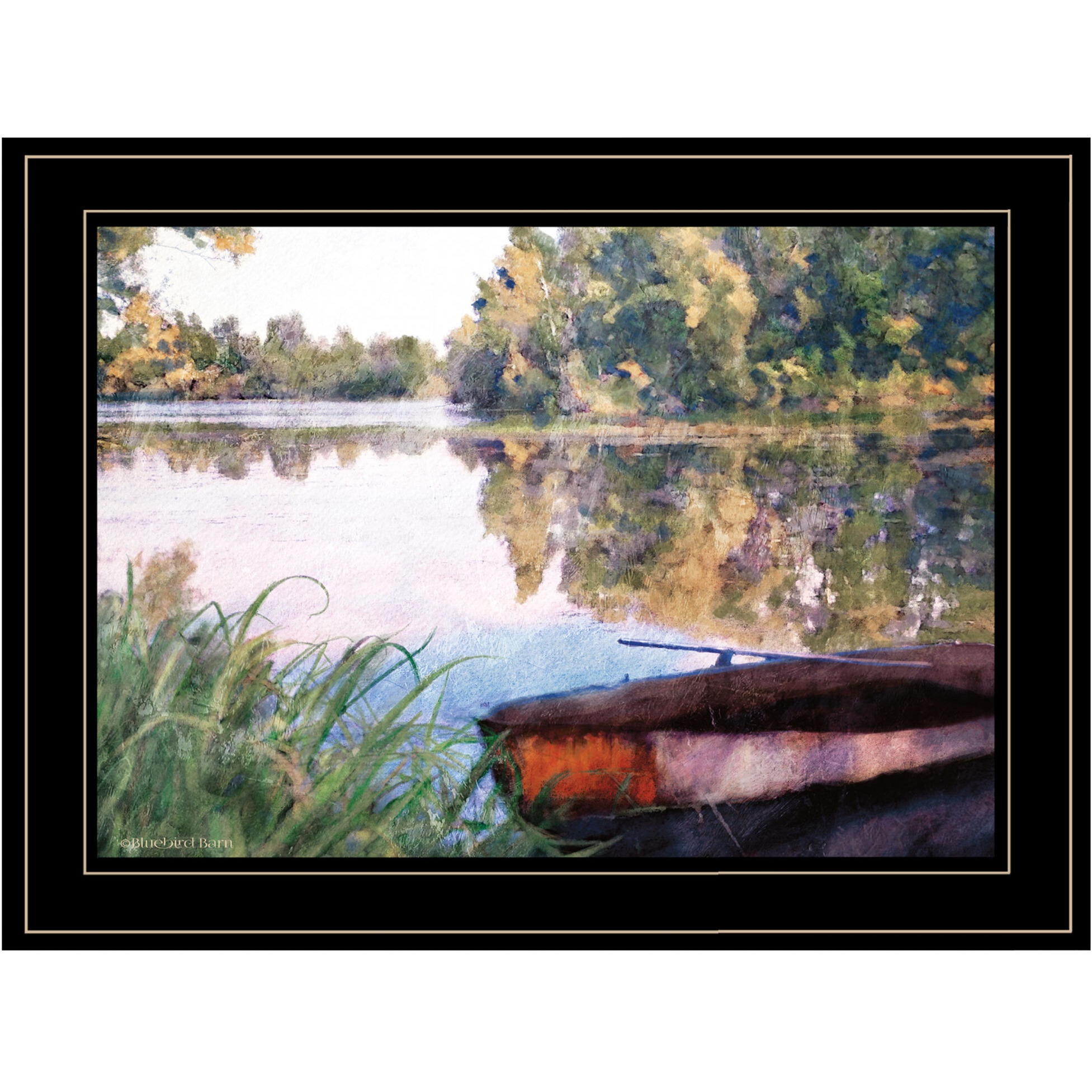 Rowboat Pond Landscape 3 Black Framed Print Wall Art