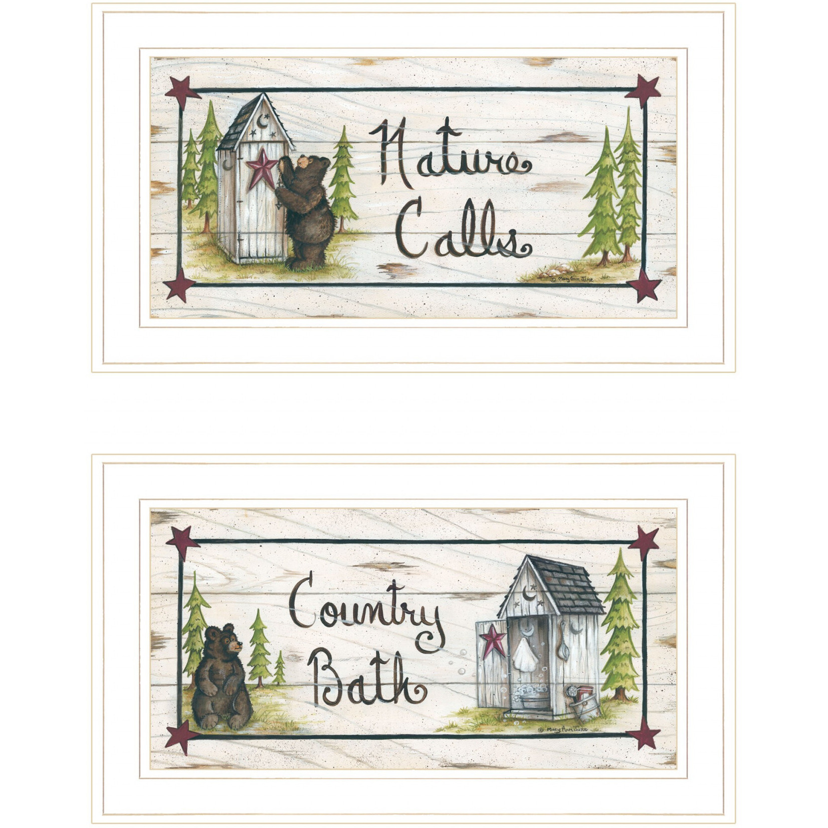 Set Of Two Whimsical Bear Nature Calls White Framed Bathroom Prints Wall Art