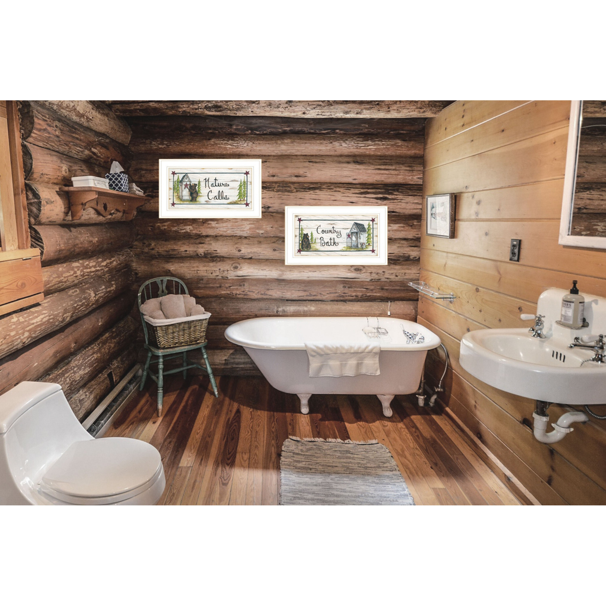 Set Of Two Whimsical Bear Nature Calls White Framed Bathroom Prints Wall Art