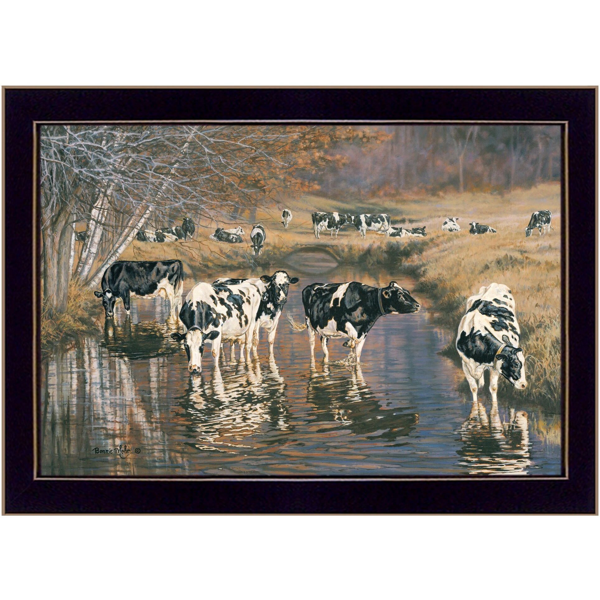 Fall Reflections Holsteins In River Black Framed Print Wall Art