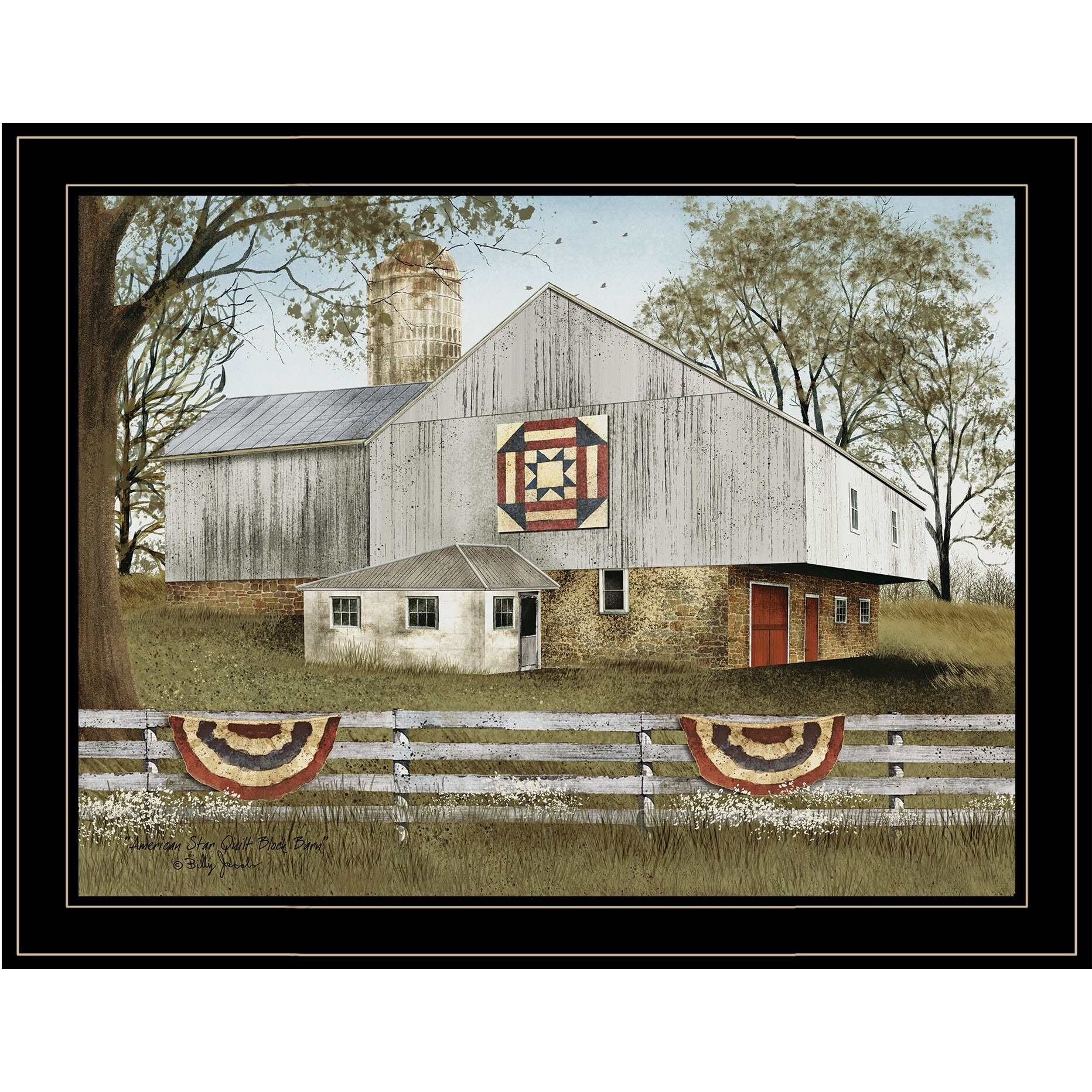 American Star Quilt Block Barn 4 Black Framed Print Wall Art