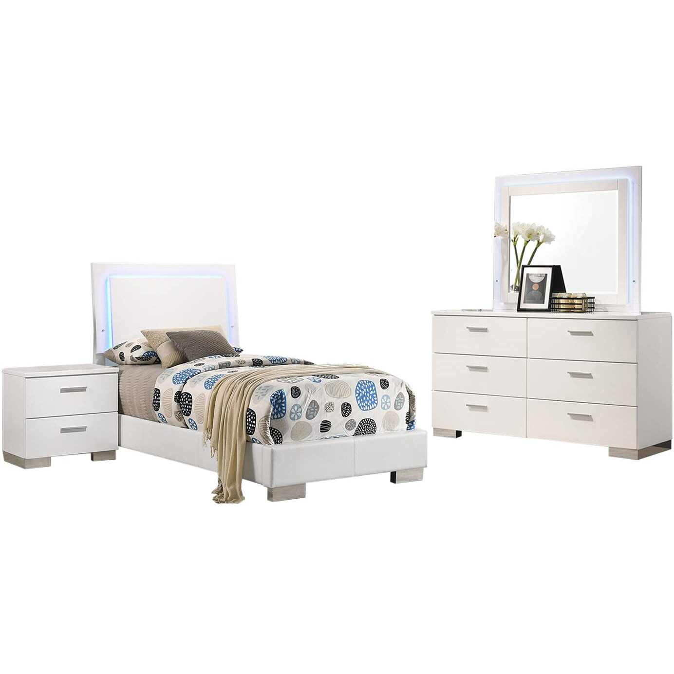 Felicity 4-Piece Twin Bedroom Set With Led Headboard Glossy White