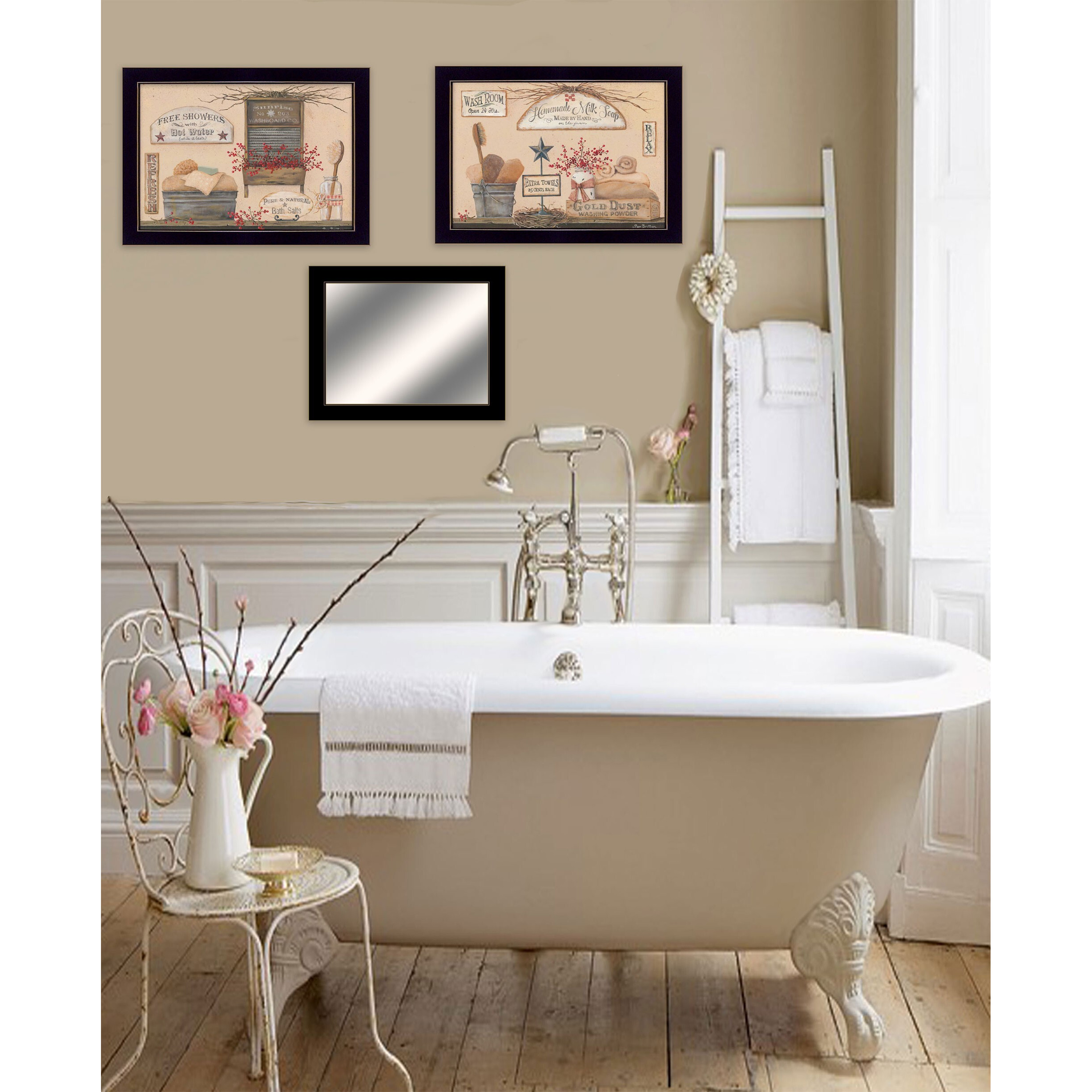 Set Of Three Wash Room Black Inner Rim Frame Bathroom Wall Art With Mirror