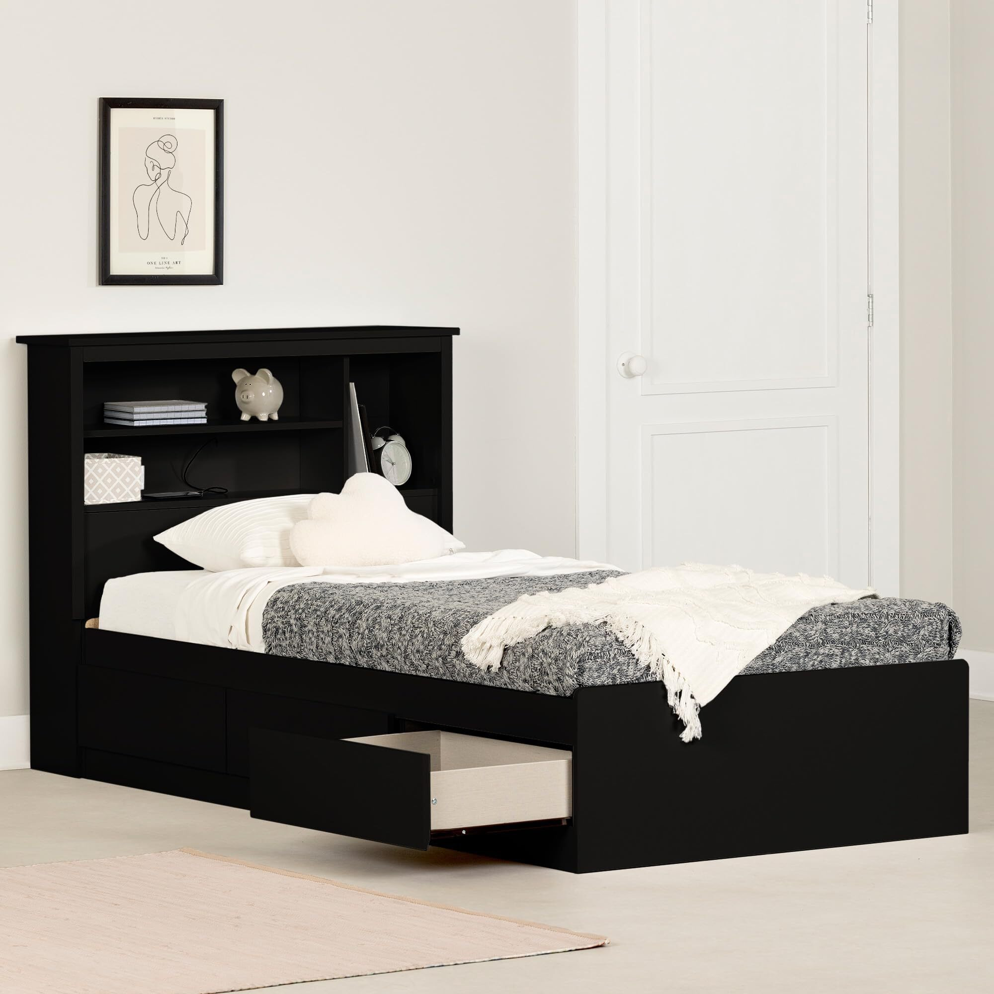 South Shore Gramercy Storage Bed And Bookcase Headboard Set  Twin  Pure Black