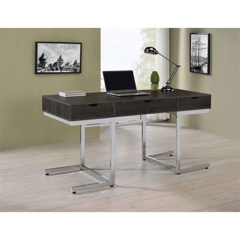 Noorvik 3-Drawer Writing Desk Dark Oak And Chrome