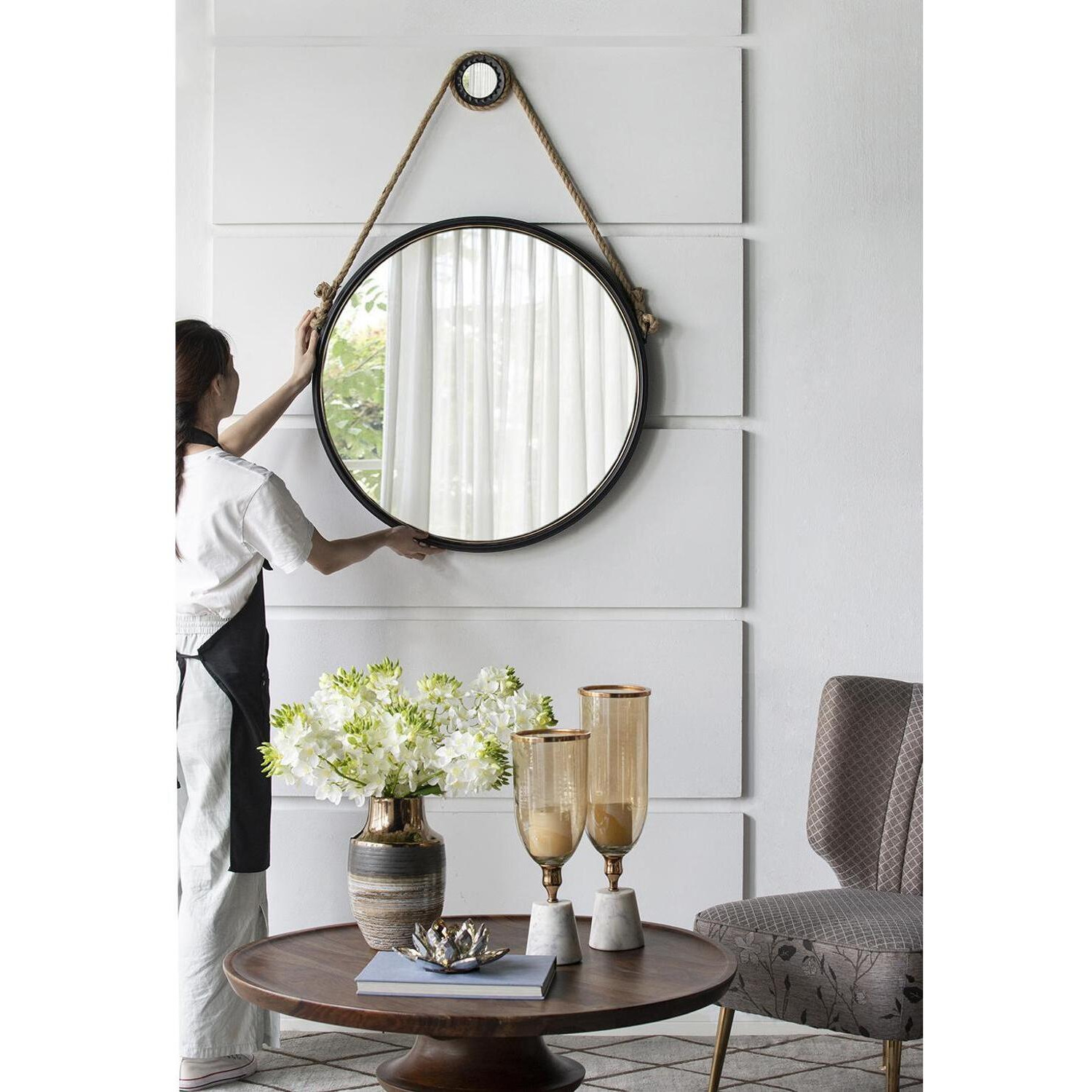 30"" Black Fame Round Wall Hanging Accent Mirror With Rope