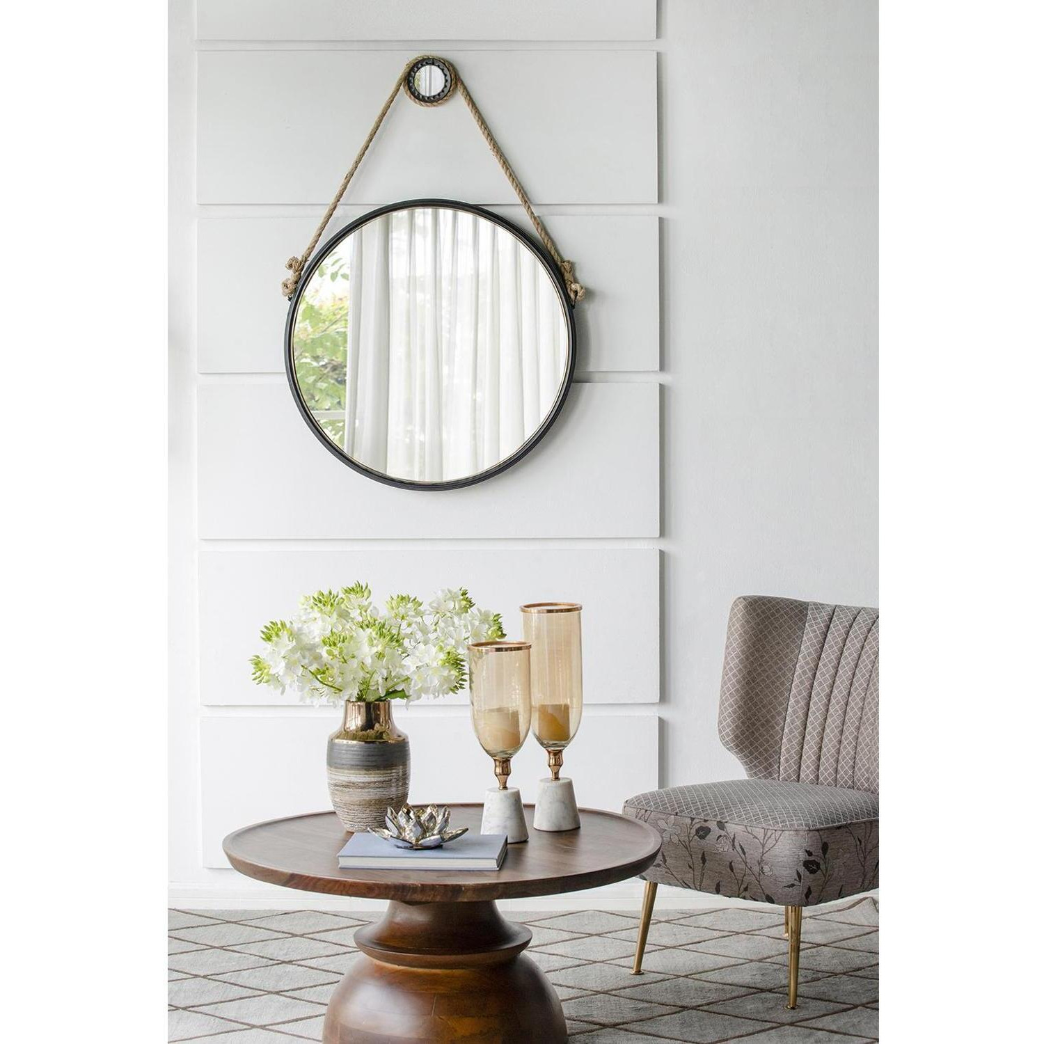 30"" Black Fame Round Wall Hanging Accent Mirror With Rope