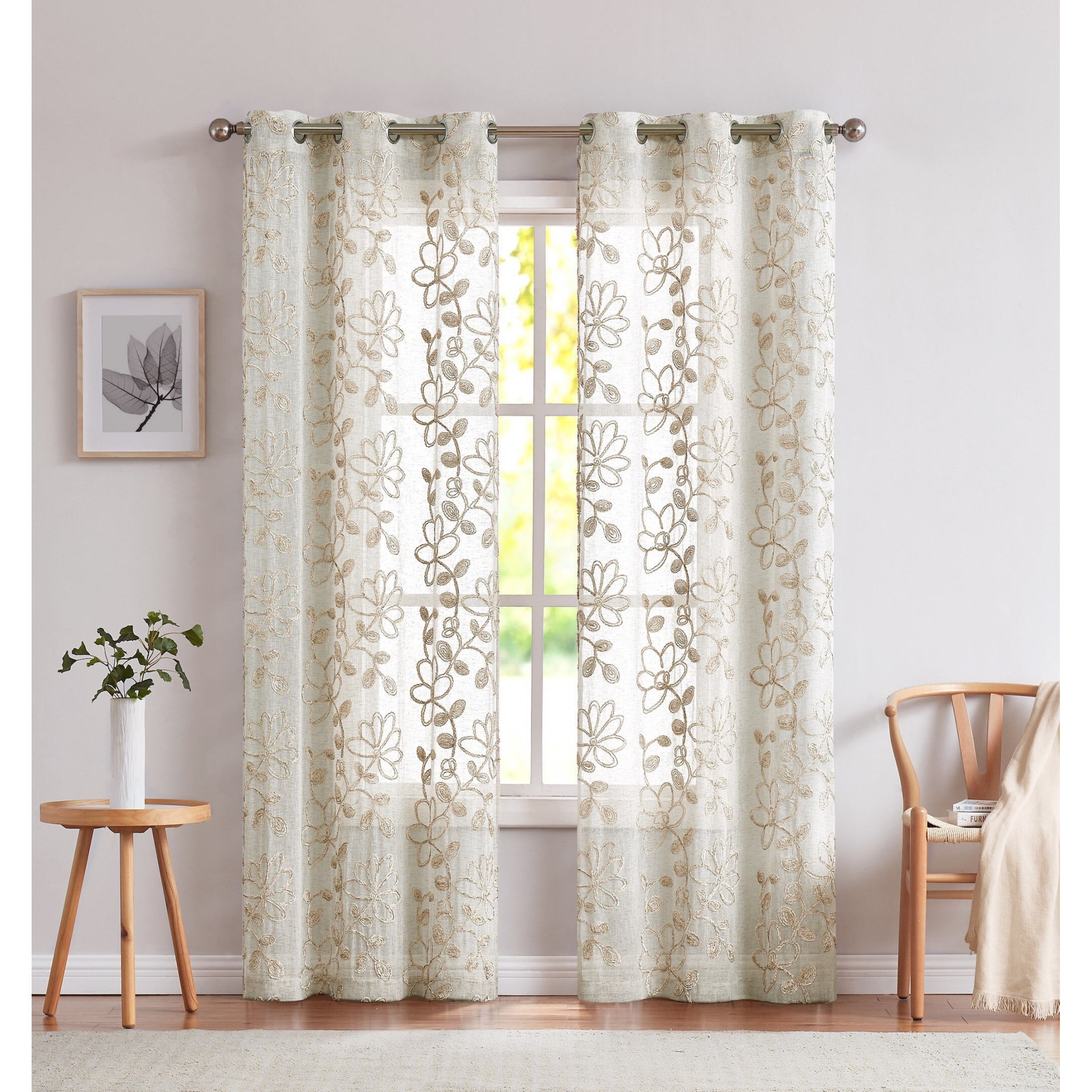 Set Of Two 84""  Tan Floral Embroidered Window Panels