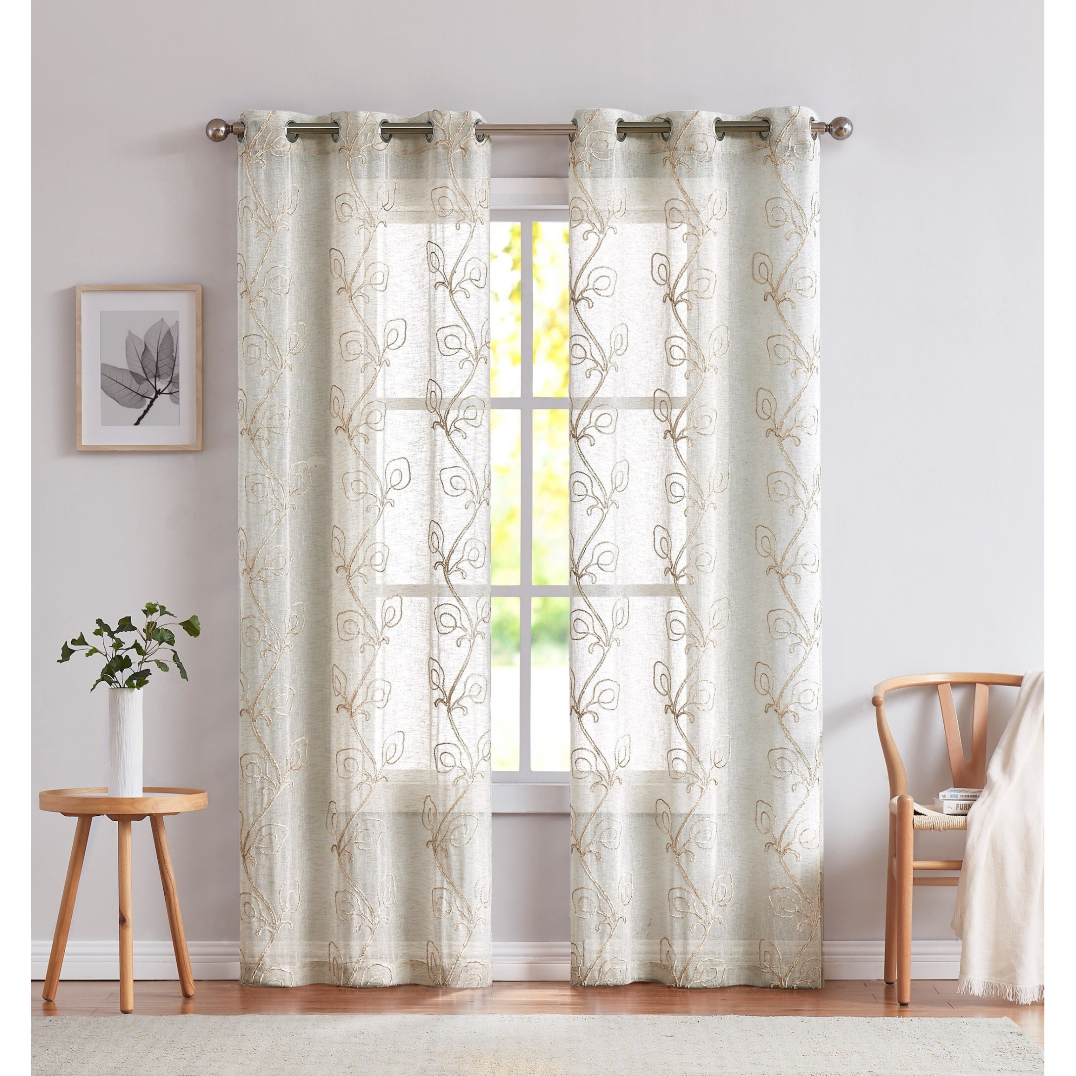 Set Of Two 84""  Beige Boho Embroidered Window Panels