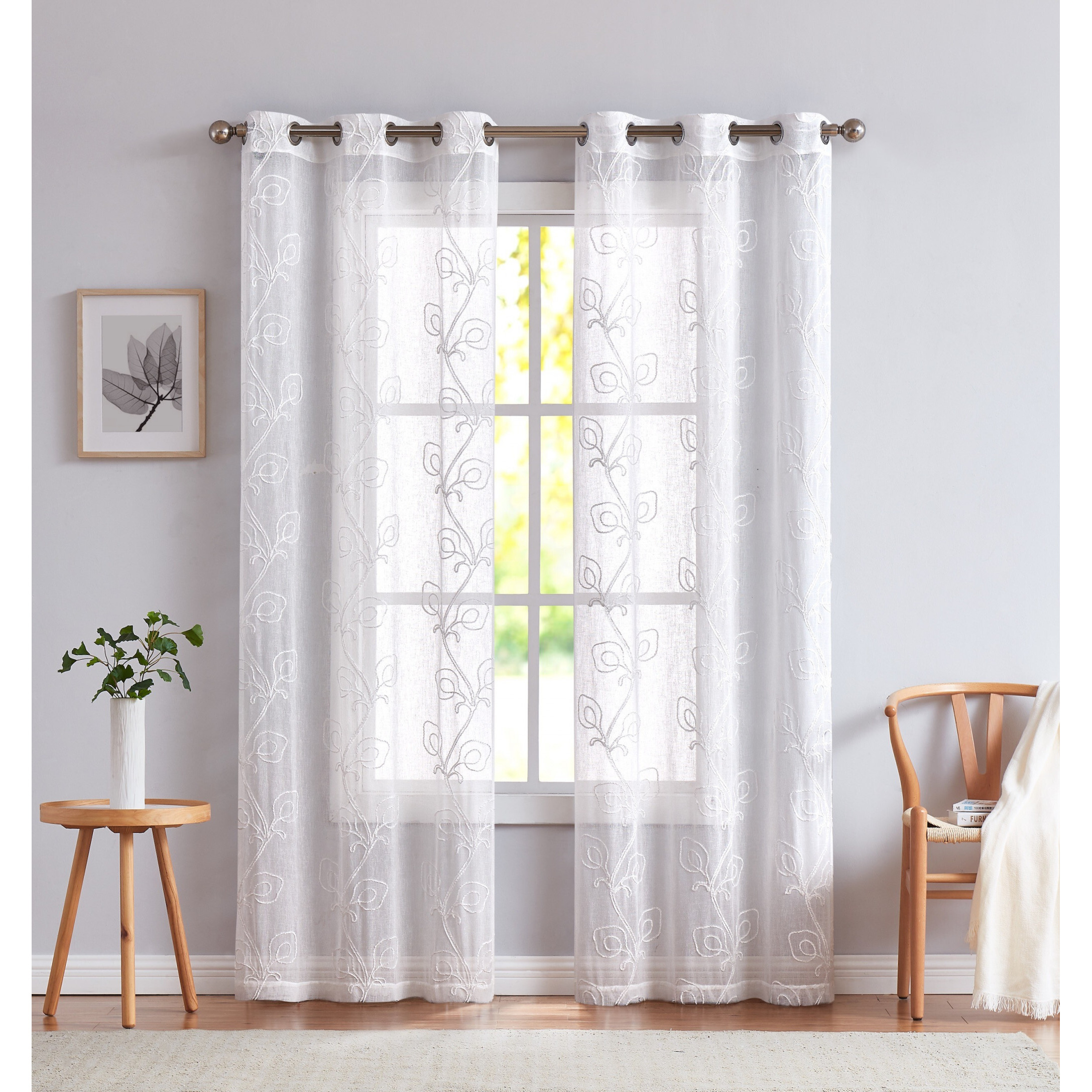 Set Of Two 96""  White Boho Embroidered Window Panels