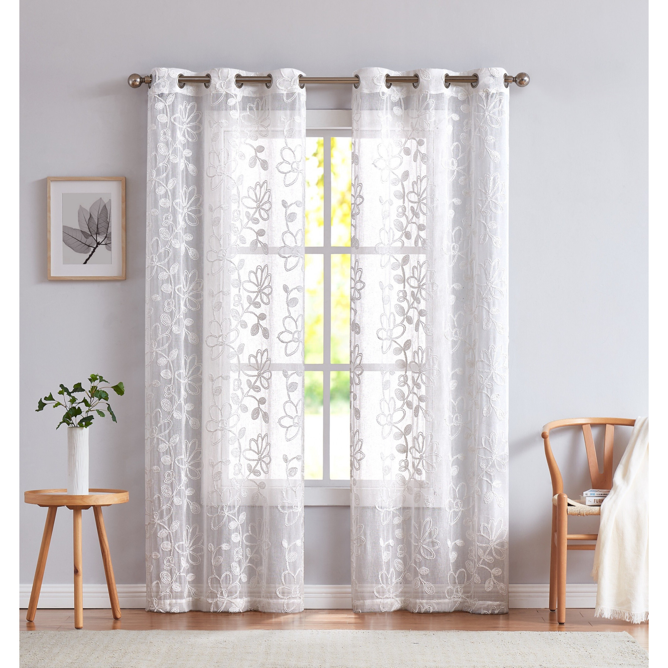 Set Of Two 84""  White Floral Embroidered Window Panels
