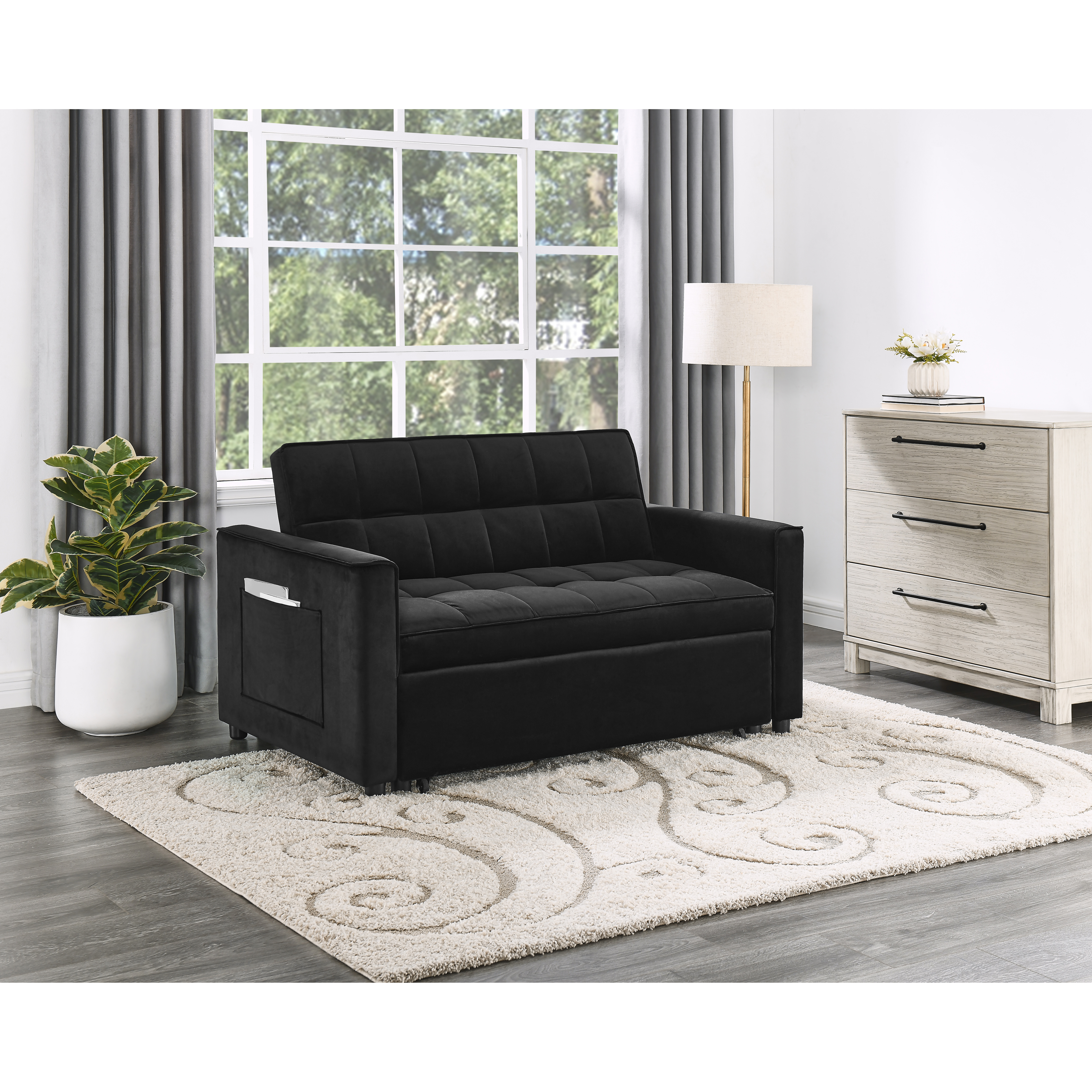 Maeve 53.5"&quotW Black Velvet Convertible Sleeper Loveseat With Tufting And Side Pocket