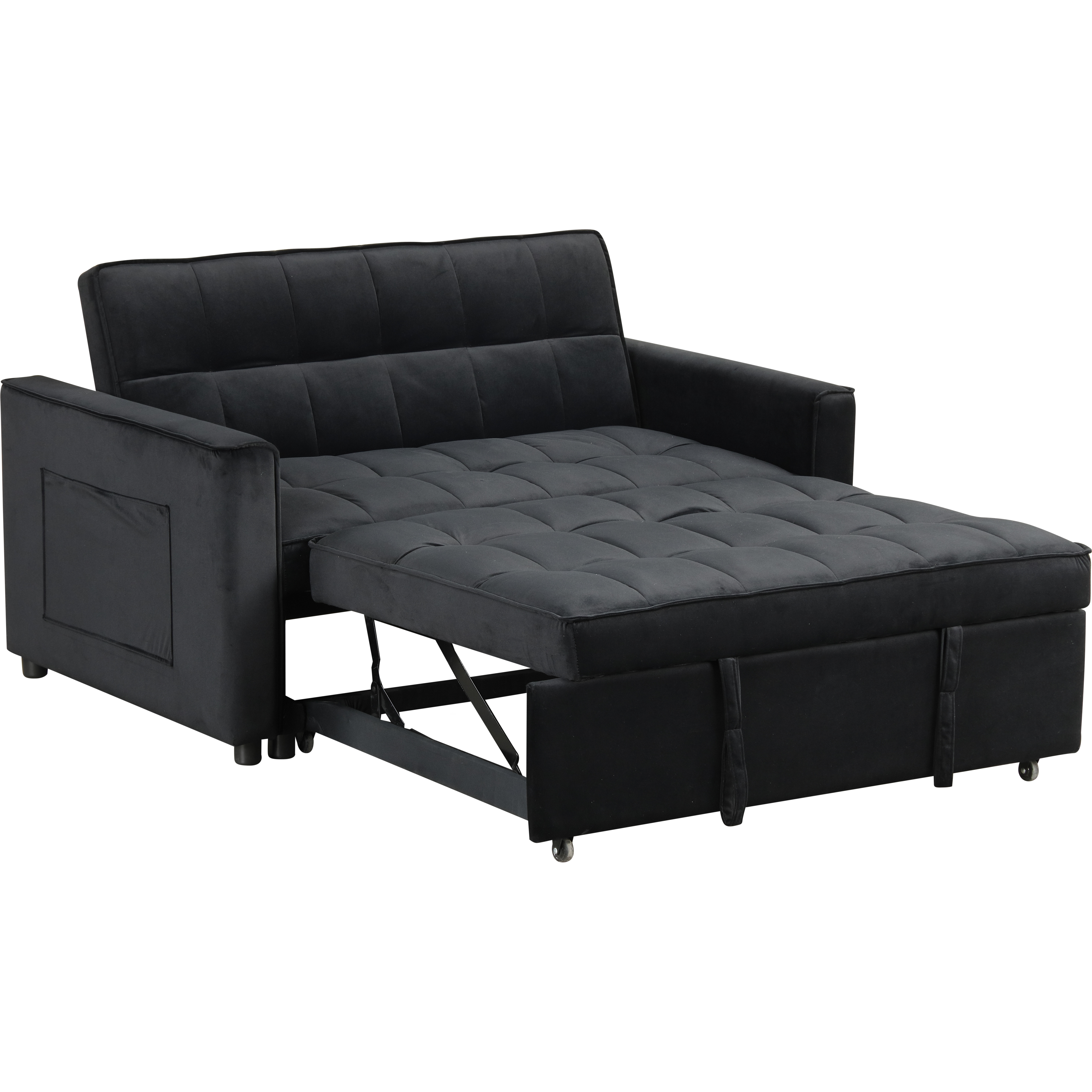 Maeve 53.5"&quotW Black Velvet Convertible Sleeper Loveseat With Tufting And Side Pocket