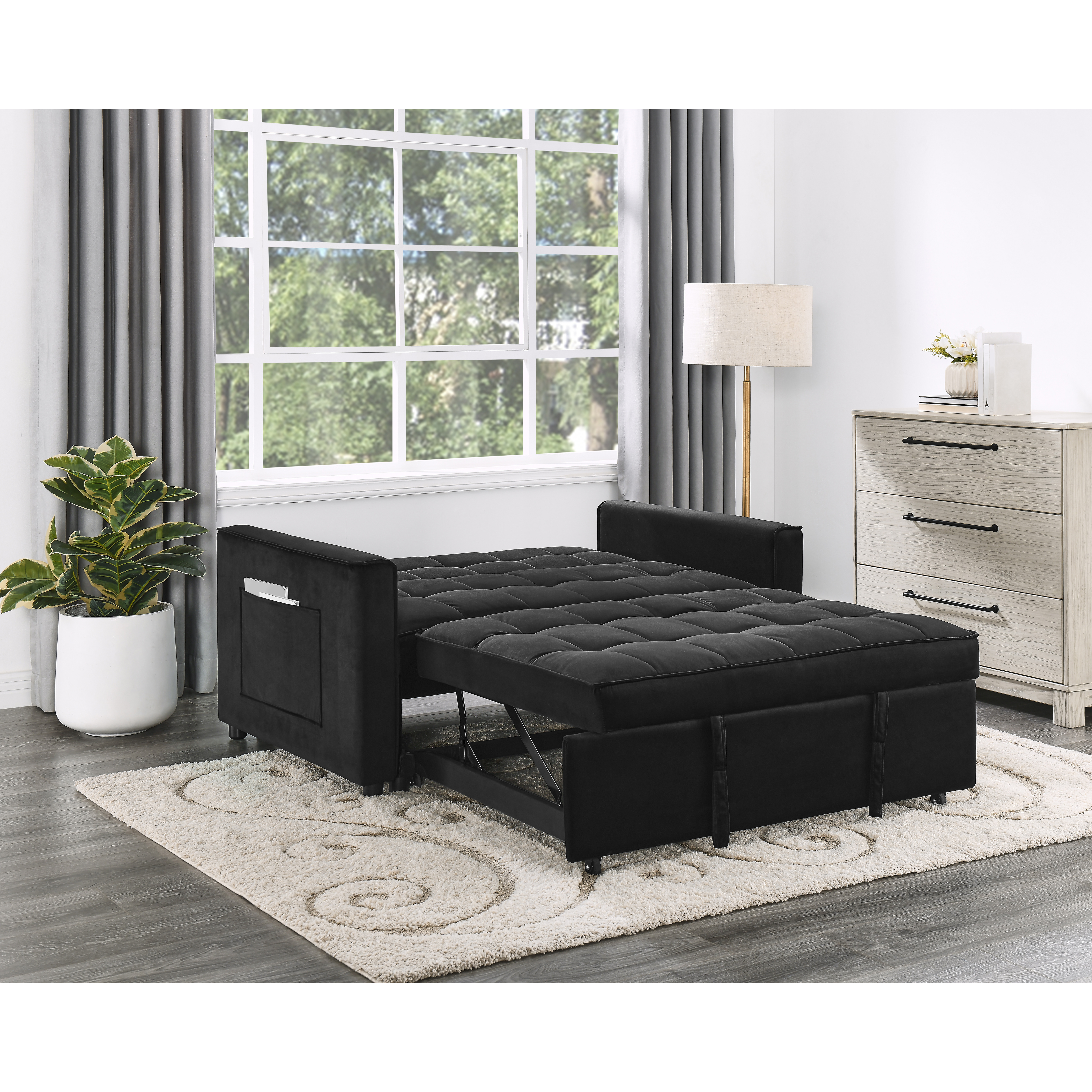 Maeve 53.5"&quotW Black Velvet Convertible Sleeper Loveseat With Tufting And Side Pocket