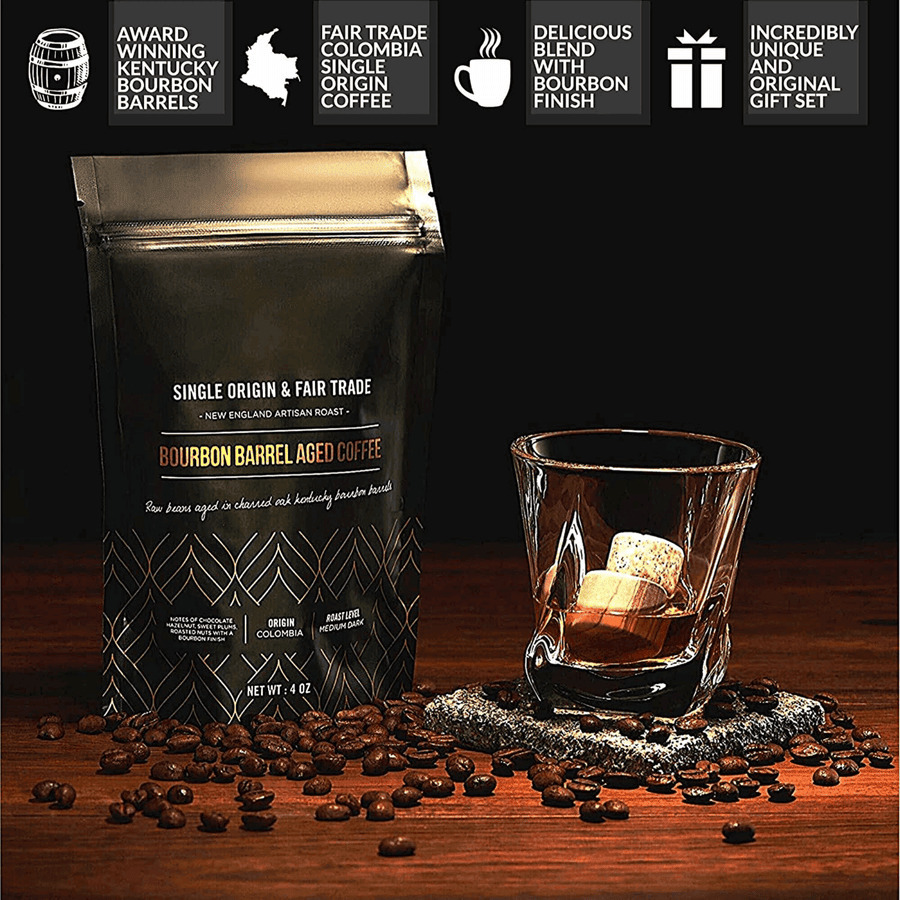 Whiskey Chilling Stones Kentucky Bourbon Barrel Aged Coffee Gift Set 6 Handcrafted Premium Granite Round Rocks-Hardwood Storage Tray A Gourmet Tasting Discovery For Whiskey Coffee Lovers(D0102Hix9C7)
