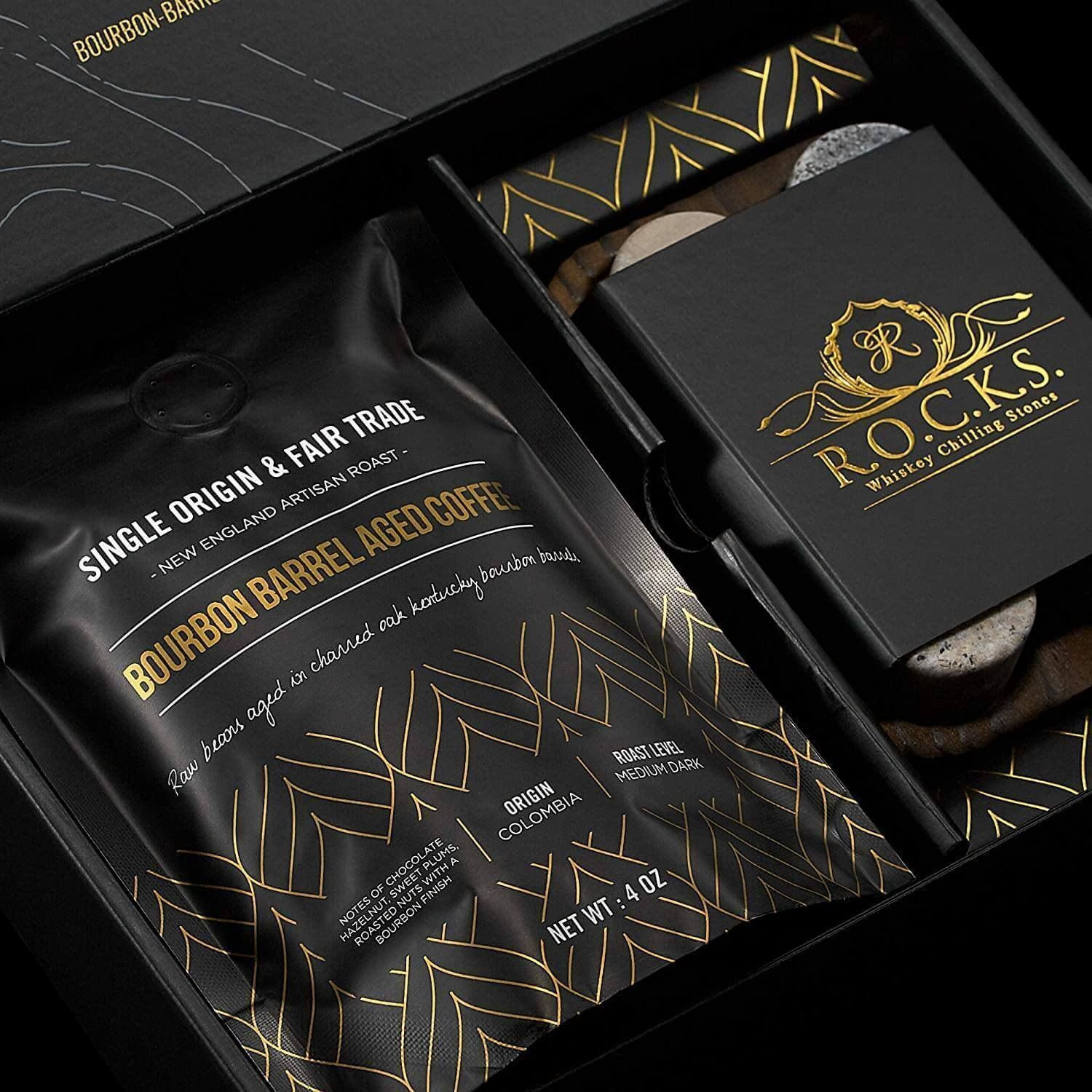Whiskey Chilling Stones Kentucky Bourbon Barrel Aged Coffee Gift Set 6 Handcrafted Premium Granite Round Rocks-Hardwood Storage Tray A Gourmet Tasting Discovery For Whiskey Coffee Lovers(D0102Hix9C7)