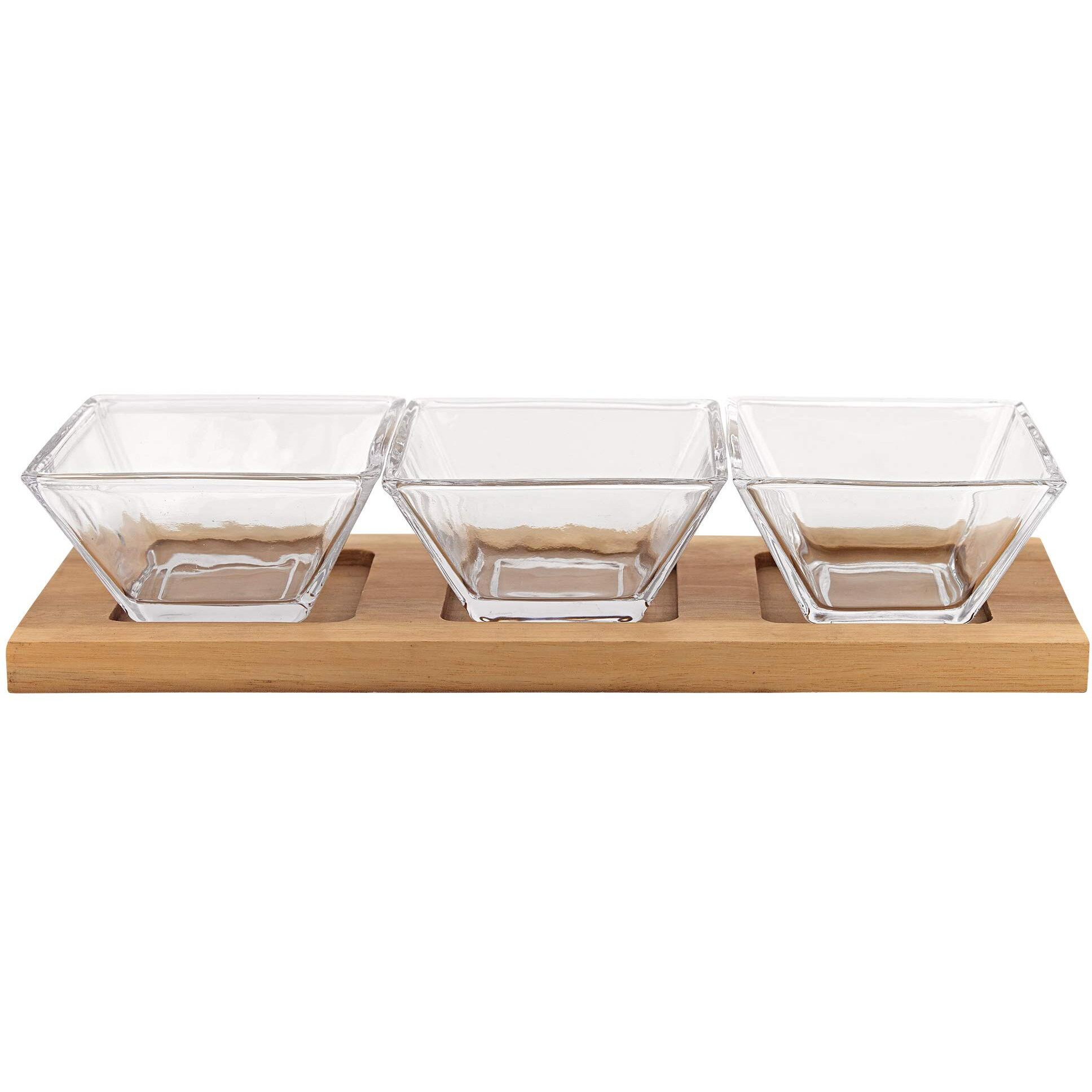 Homeroots Clear 4 Mouth Blown Crystal Hostess Set 4 Pc With 3 Glass Condiment Or Dip Bowls On A Wood Tray