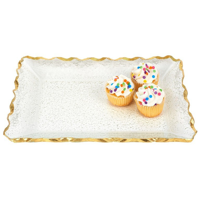 Bubble Glass Scalloped Gold Rim Rectangular Platter Or Tray