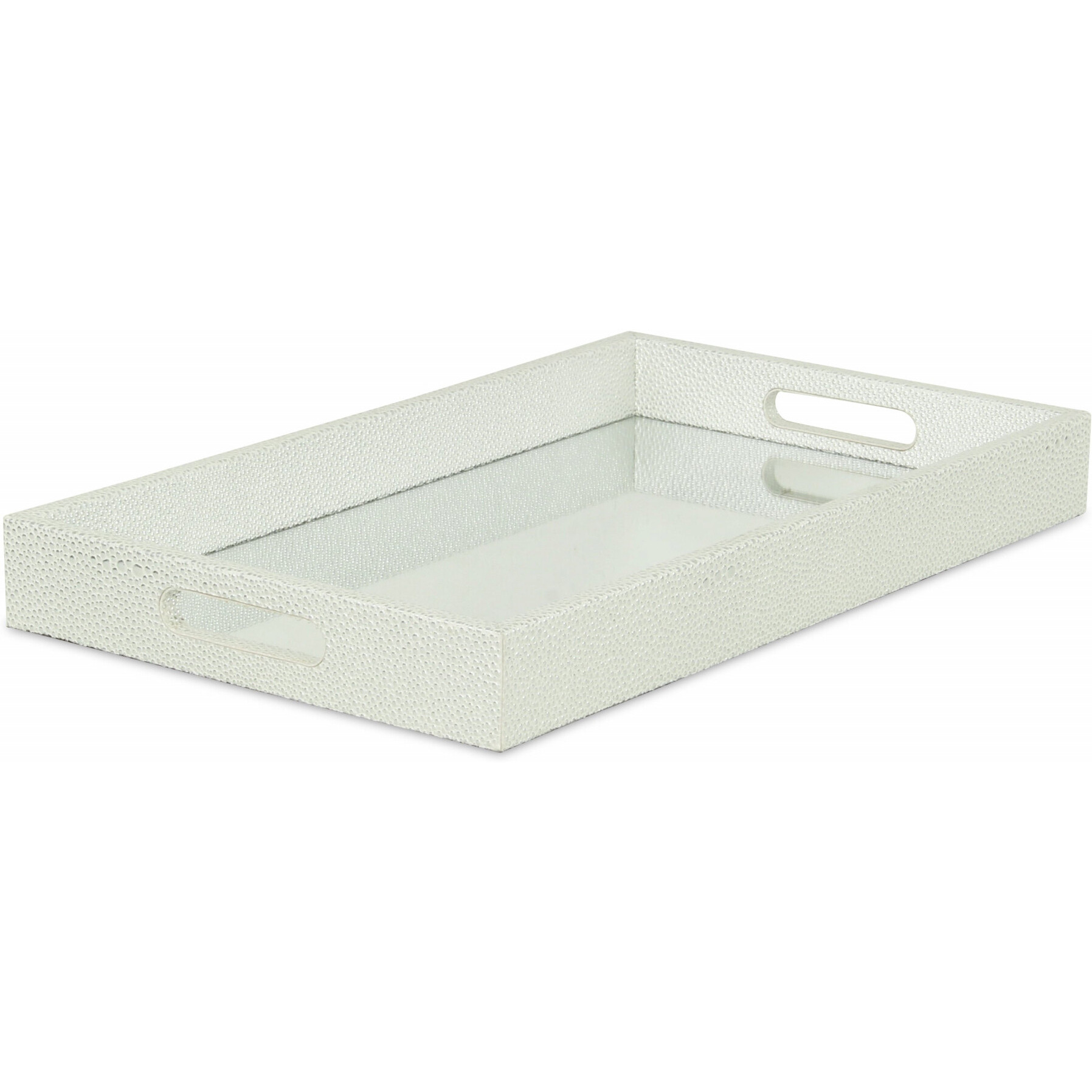 16"" White Silver Rectangular Wood Handmade Tray With Handles