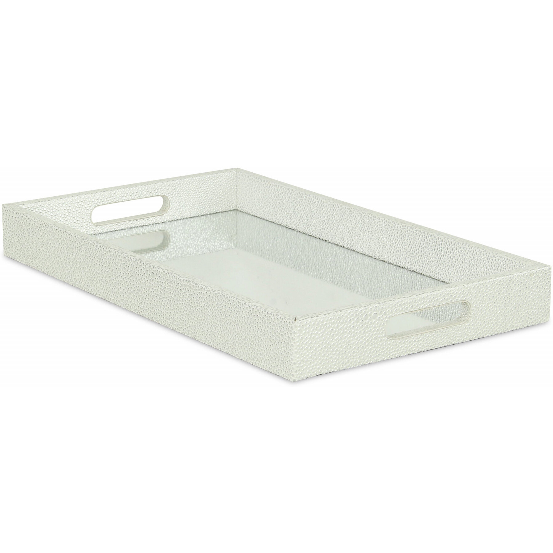 16"" White Silver Rectangular Wood Handmade Tray With Handles