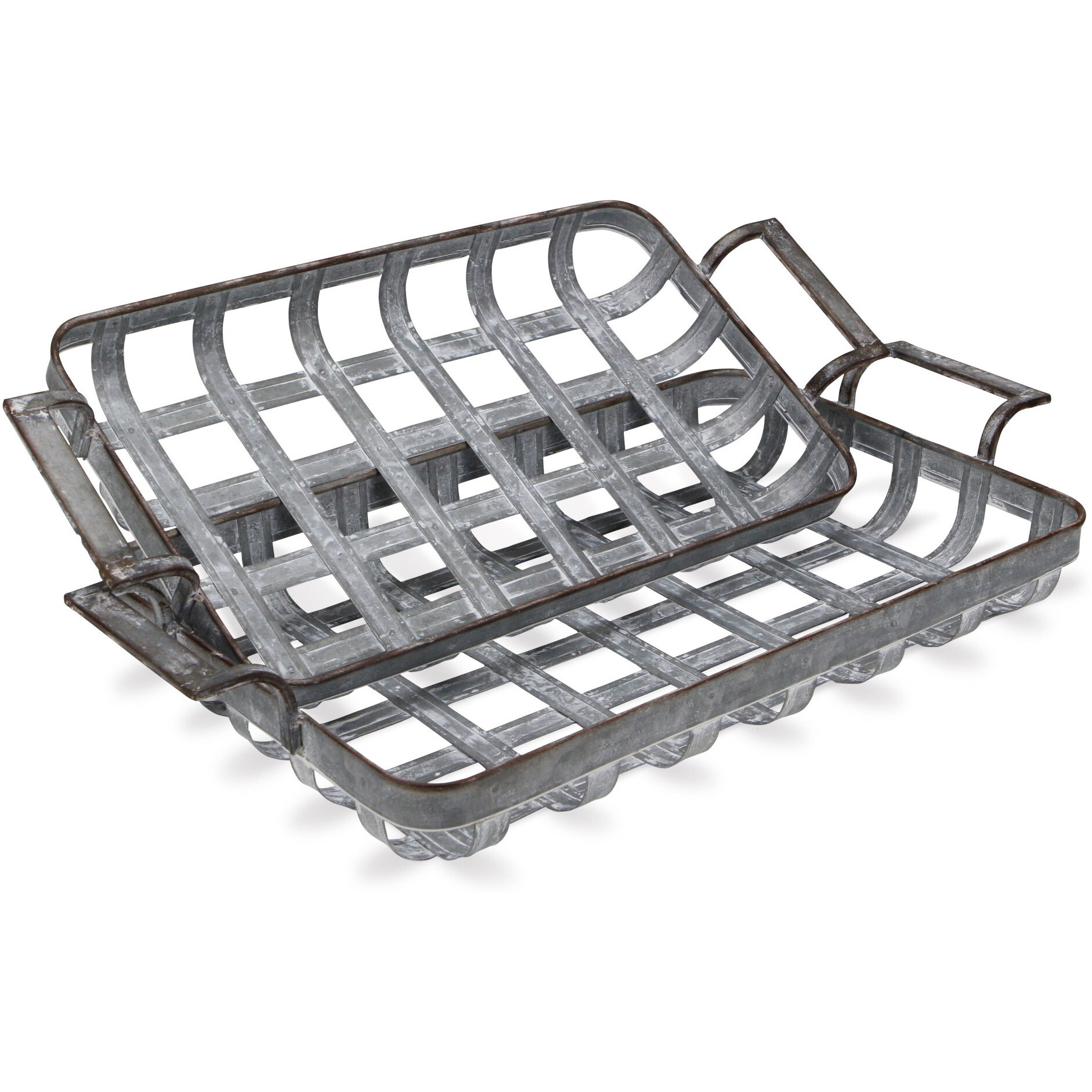 23"" Gray Rectangular Metal Handmade Tray With Handles