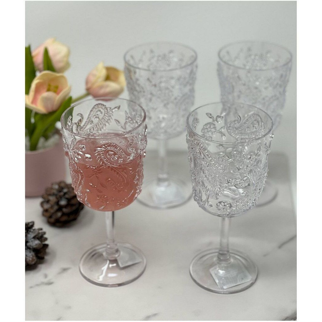 Designer Acrylic Paisley clear Wine glasses Set of 4 (13oz), Premium Quality Unbreakable Stemmed Acrylic Wine glasses for All Purpose Red or White Wine(D0102H5L718)