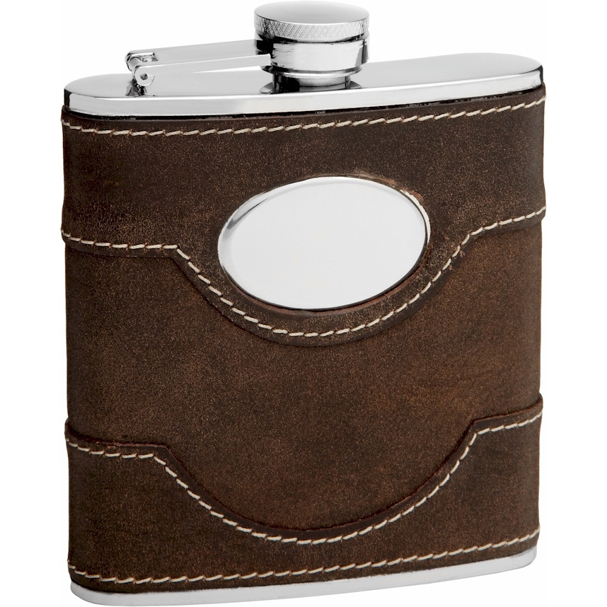 Cow Leather Hip Flask Holding 6 oz - Pocket Size, Stainless Steel, Rustproof, Screw-On Cap - Black Gift Box Included