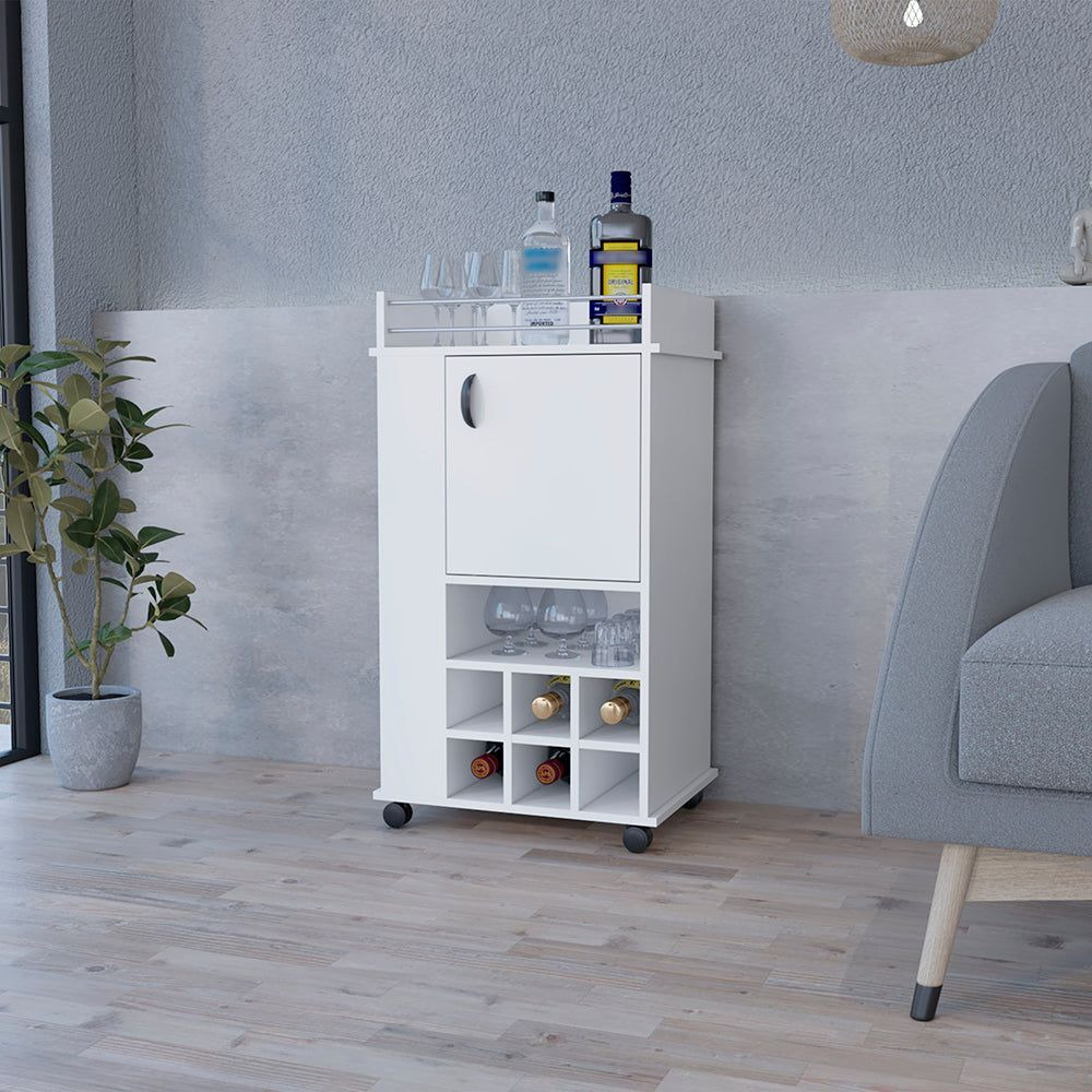 Bar cart with casters Reese, Six Wine cubbies and Single Door, White Finish(D0102HgEMBY)