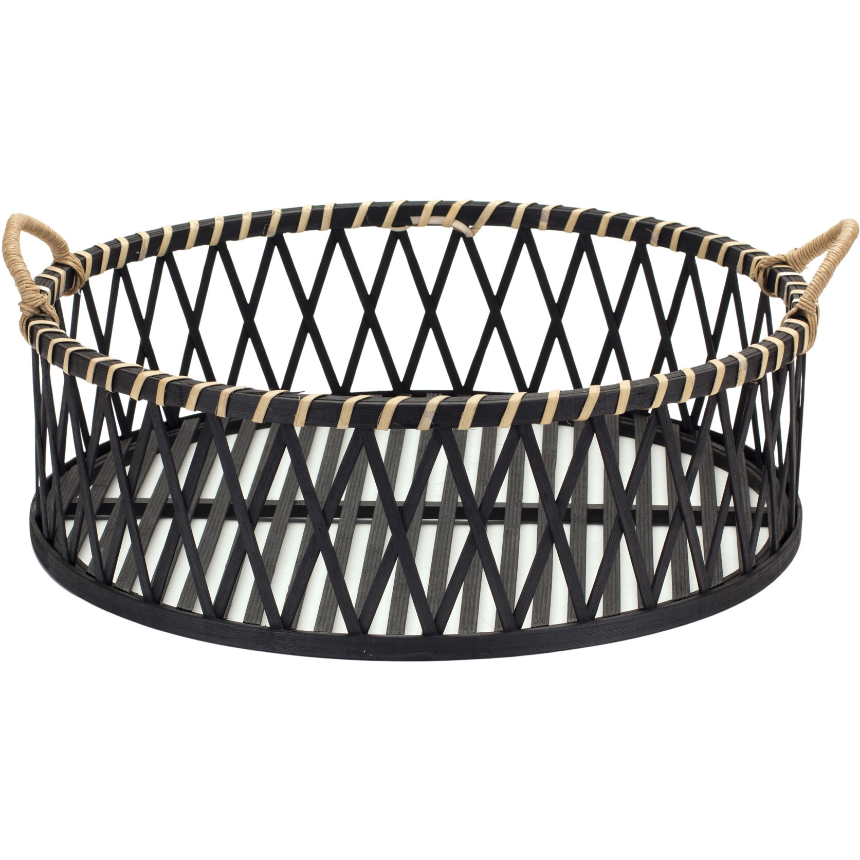 Set Of Two Black and Tan Round Bamboo Serving Tray With Handles