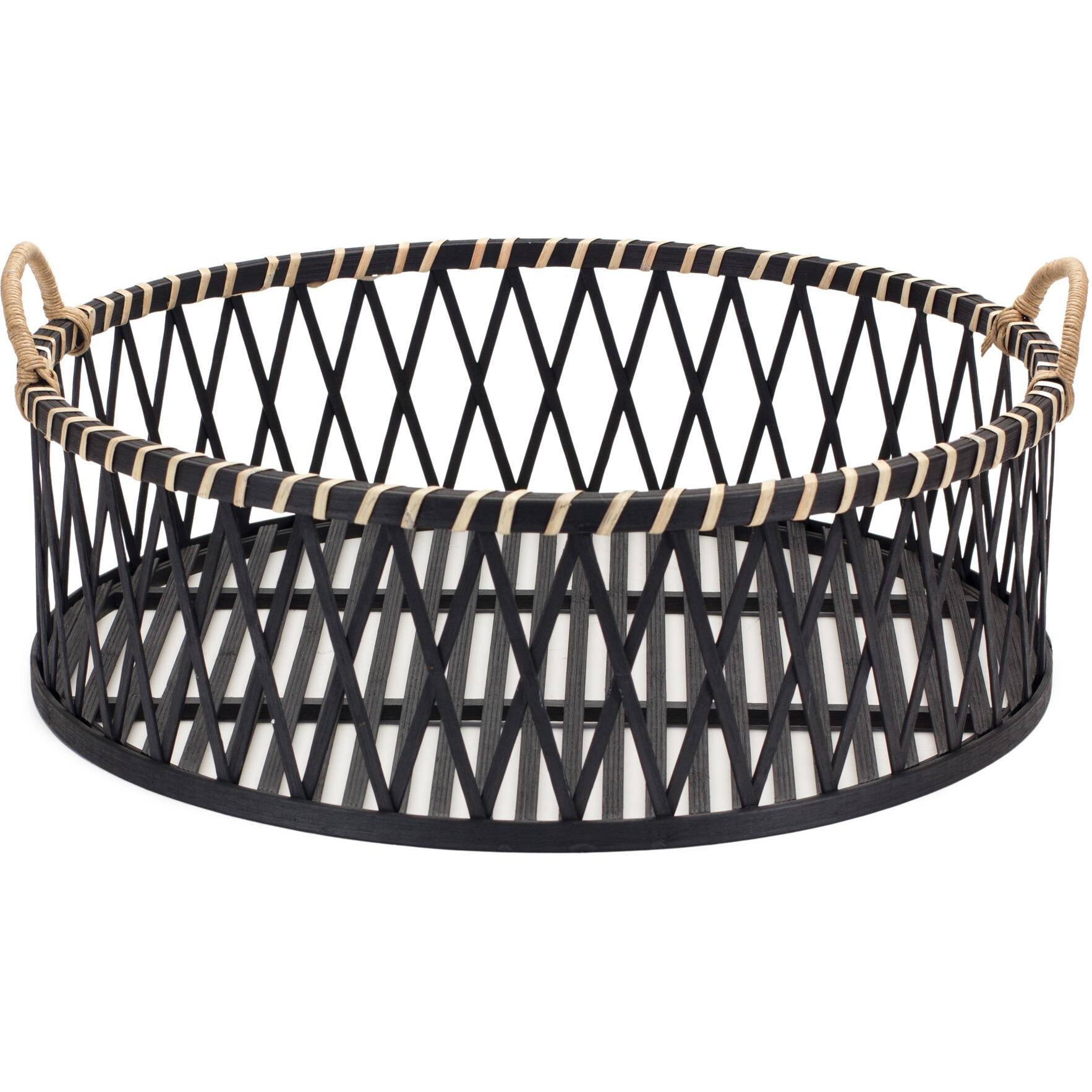 Set Of Two Black and Tan Round Bamboo Serving Tray With Handles