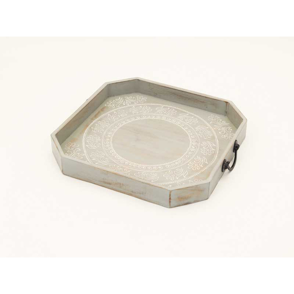 Set Of Two gray and White Octagon Solid Wood Paisley Handmade Serving Tray With Handles