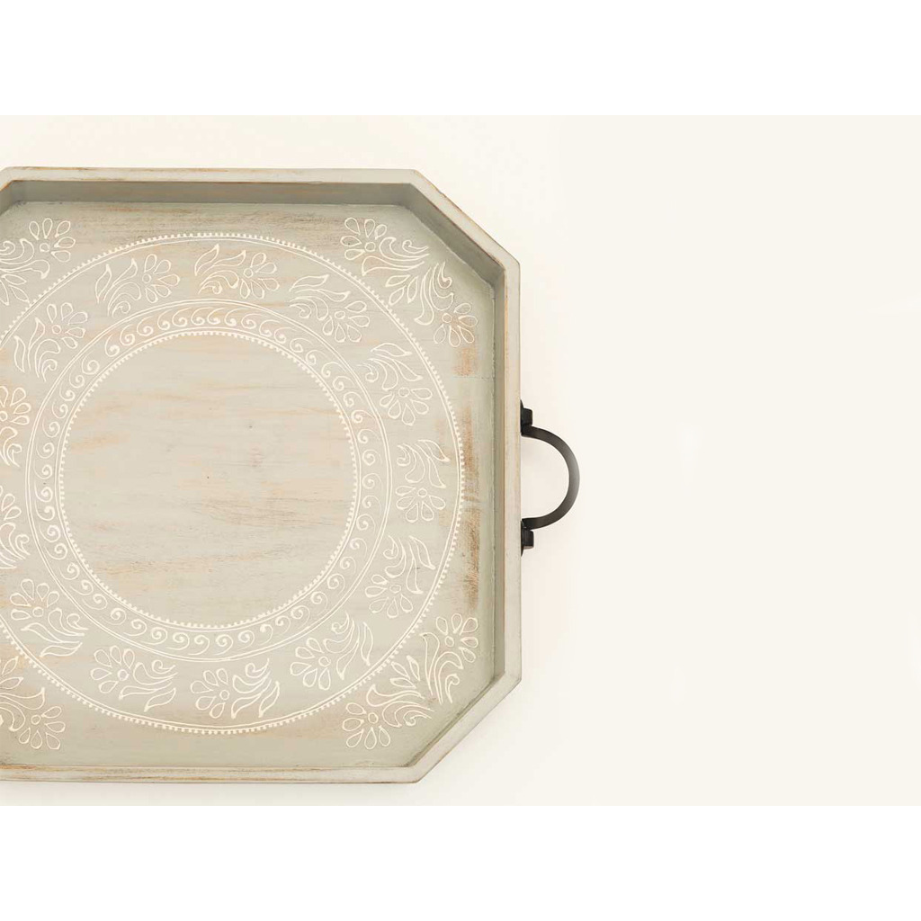 Set Of Two gray and White Octagon Solid Wood Paisley Handmade Serving Tray With Handles