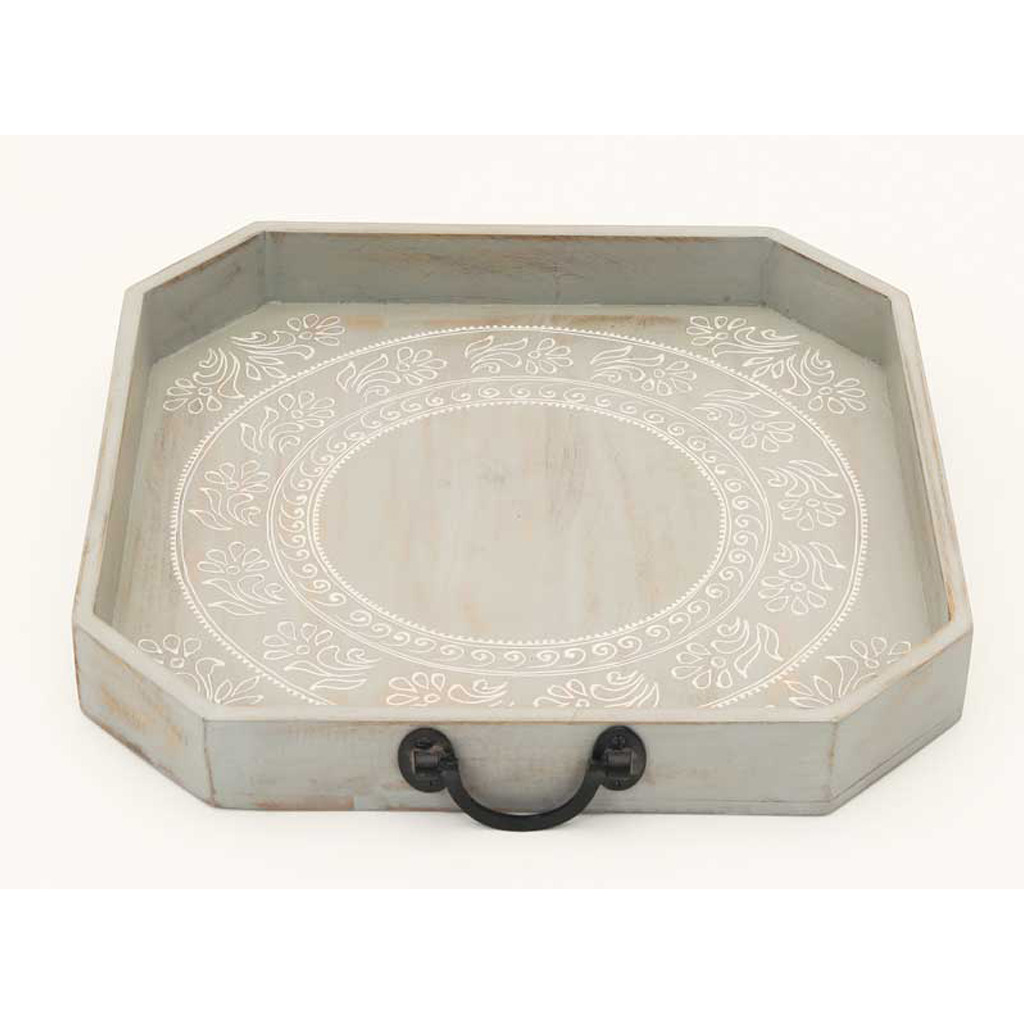 Set Of Two gray and White Octagon Solid Wood Paisley Handmade Serving Tray With Handles