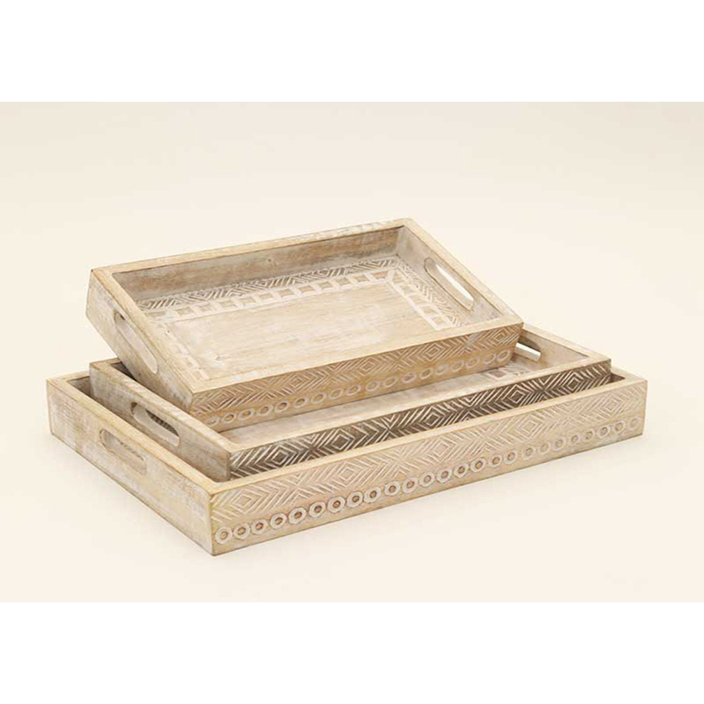 Set Of Three 12 White Rectangular Solid Wood Abstract Handmade Serving Tray With Handles