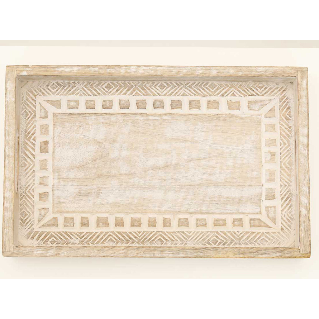 Set Of Three 12 White Rectangular Solid Wood Abstract Handmade Serving Tray With Handles
