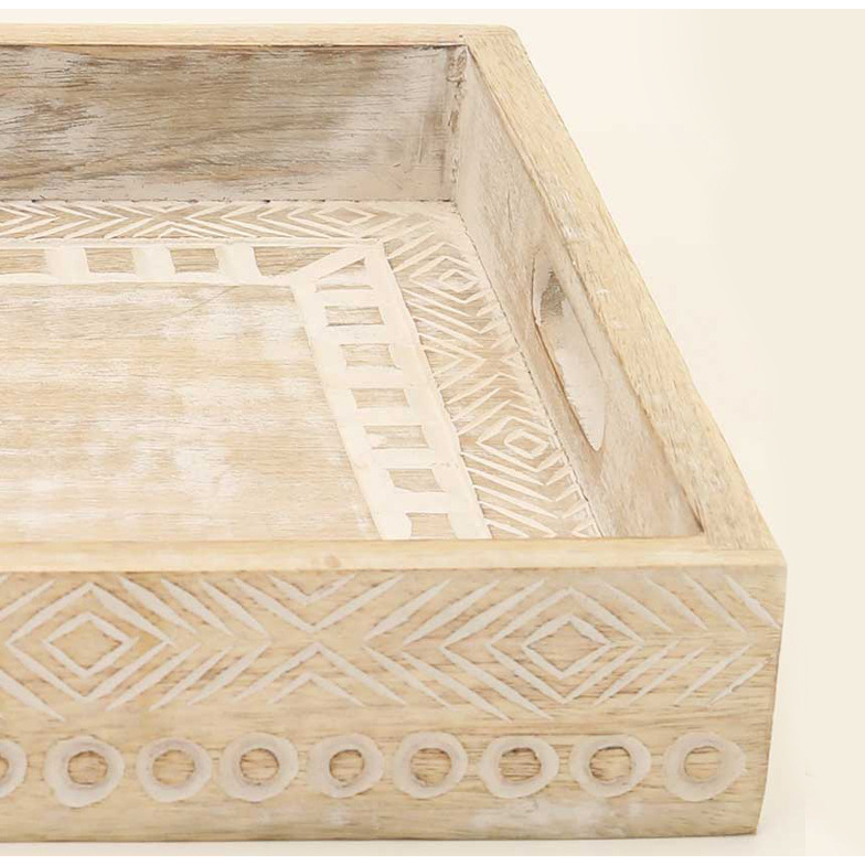 Set Of Three 12 White Rectangular Solid Wood Abstract Handmade Serving Tray With Handles